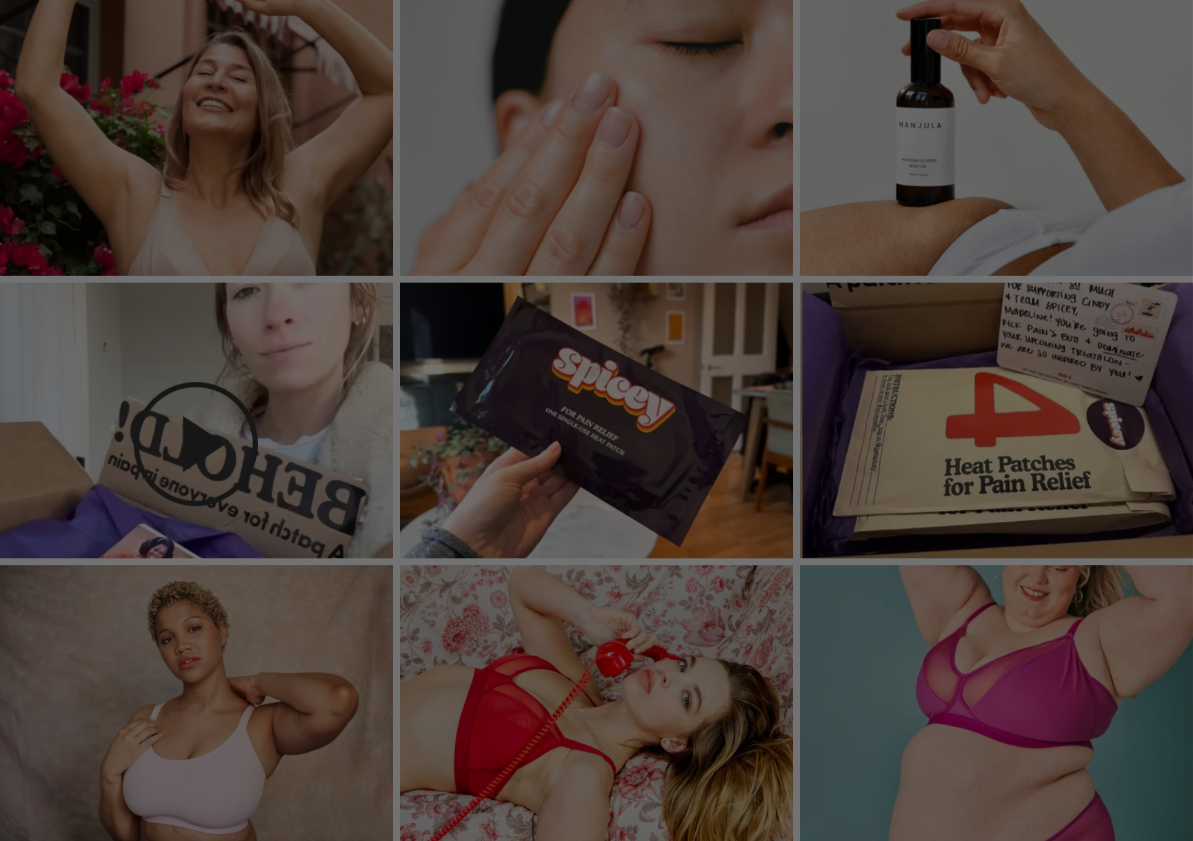 A collage of nine images showing women in various situations, including smiling outdoors, applying skincare, holding a bottle of body oil, preparing heat patches for pain relief, posing with a hand on her shoulder, laying on a floral bed with a red phone, and wearing lingerie and bras in different settings.