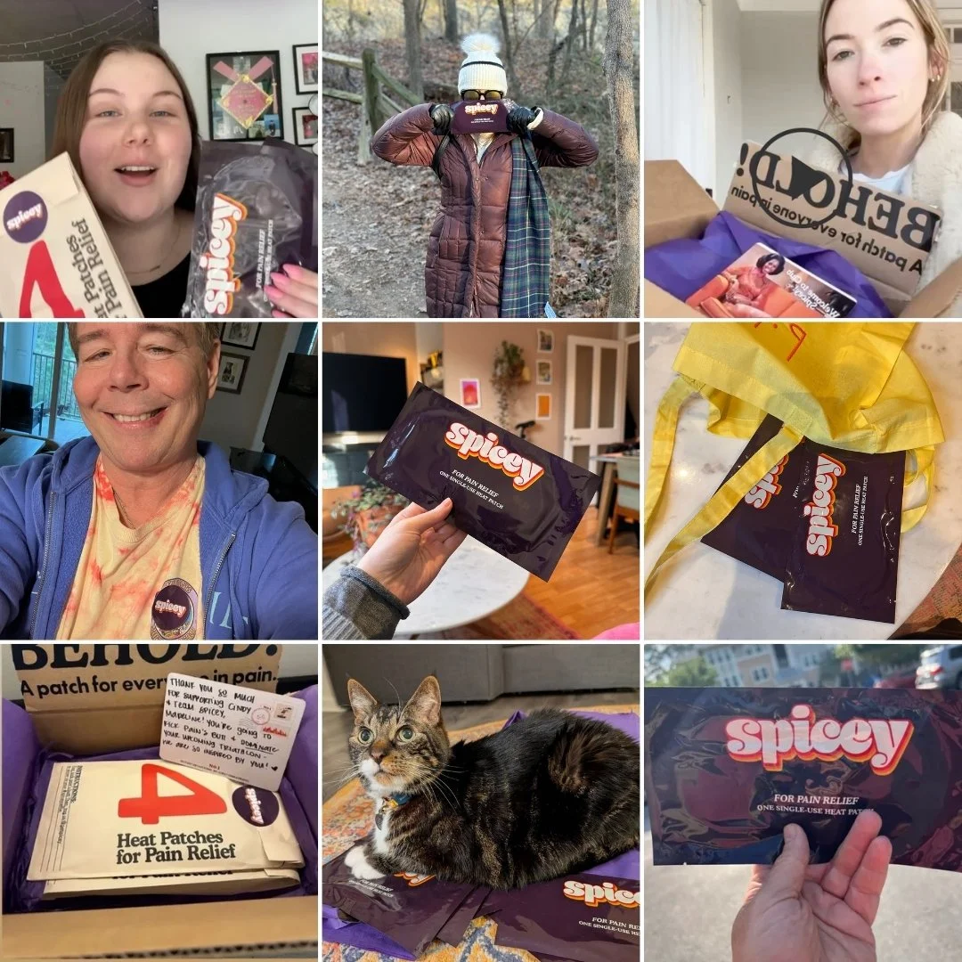 A collage of nine photos showing people and a cat holding or using Spicy brand heat patches for pain relief, with some photos taken indoors and others outdoors.