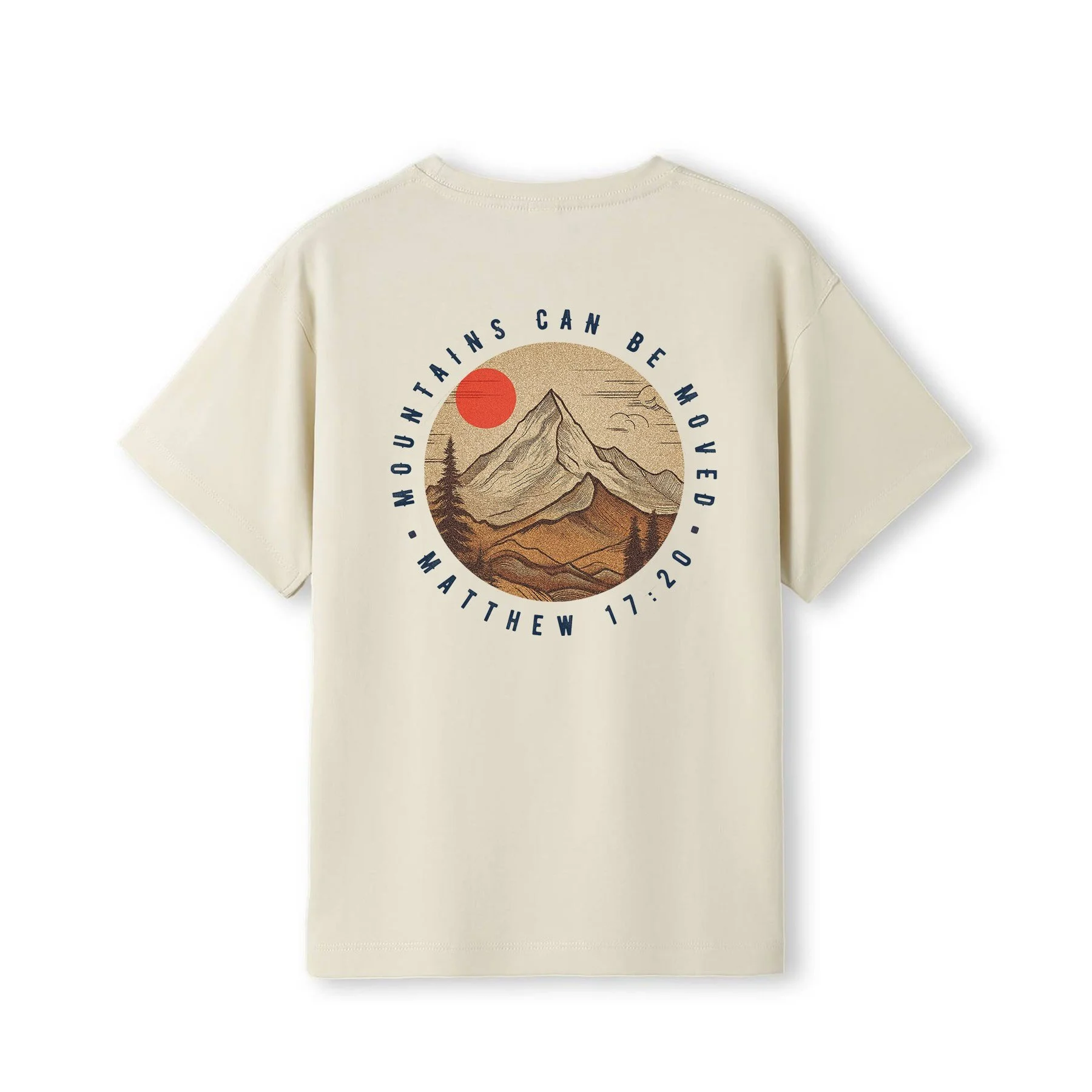 A Christian t-shirt in Natural colour, with an image on the back of a mountain and red sun, with the words 'Mountains can be moved'