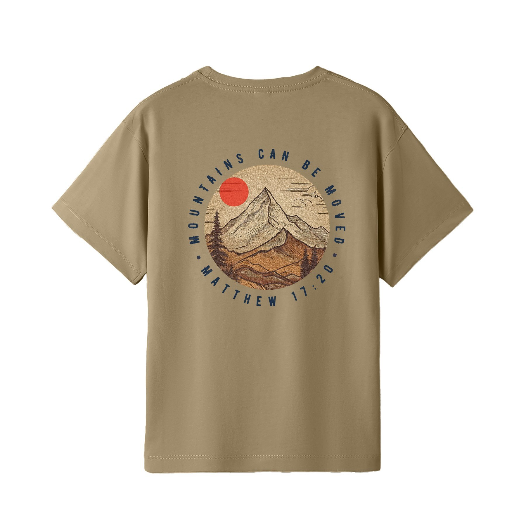 A Christian t-shirt in Stone colour, with an image of a mountain and red sun, with the words 'Mountains can be moved'