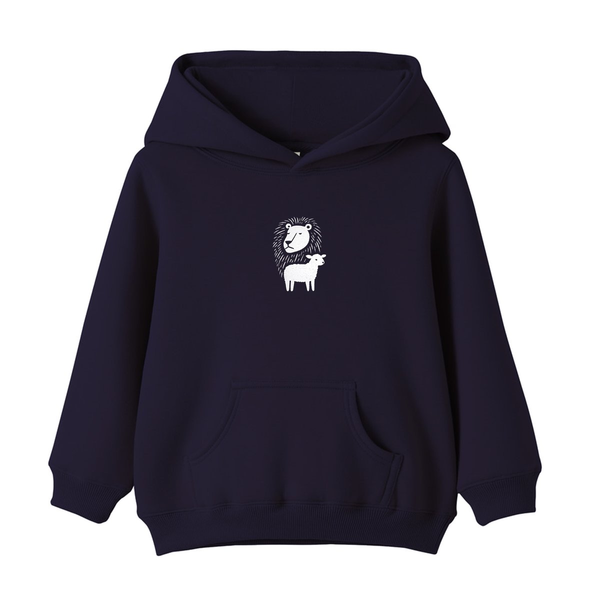 Kids Christian Hoodie in navy color, with a lion and lamb logo in white