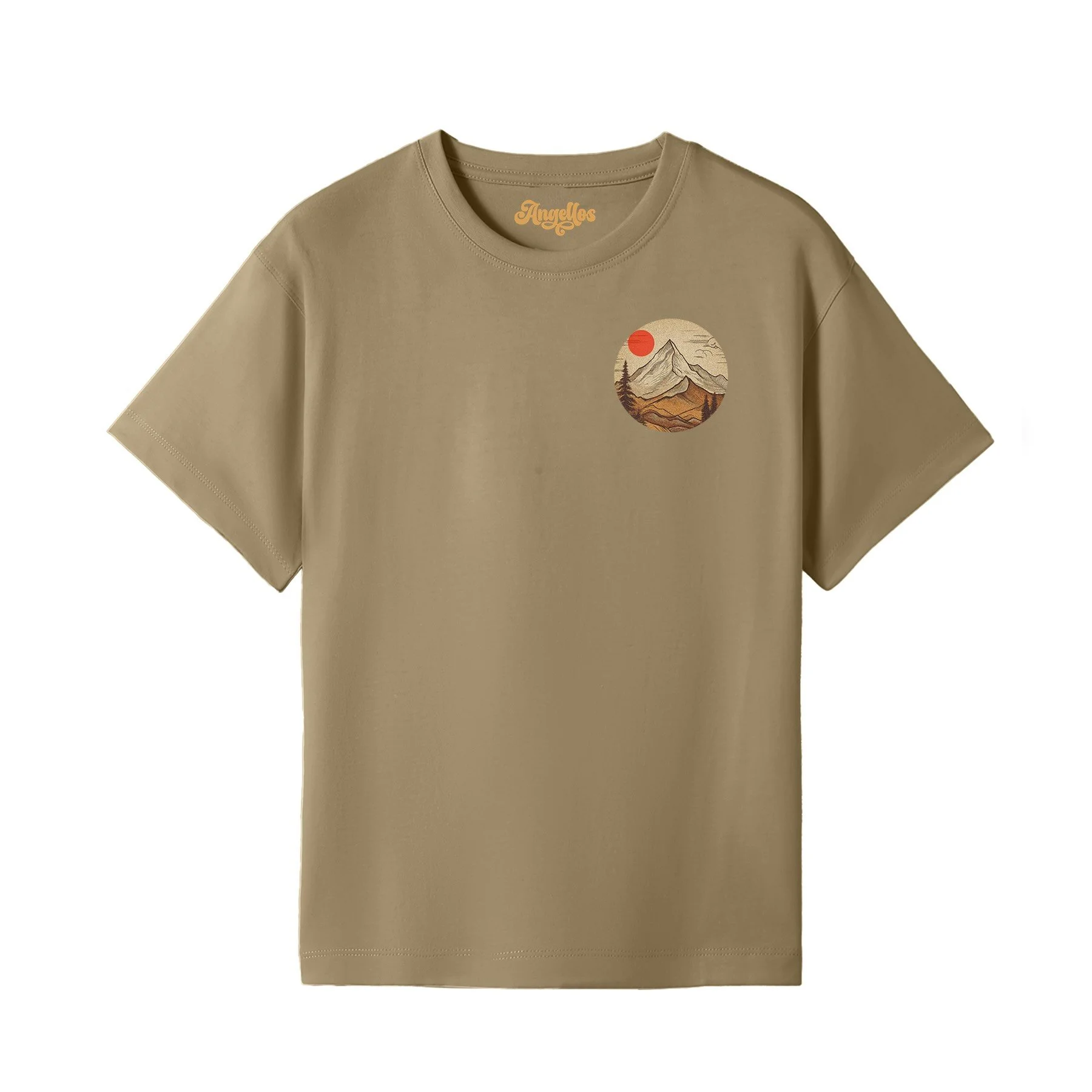A Christian t-shirt in stone colour, with an image of a mountain and red sun, with the words 'Mountains can be moved'