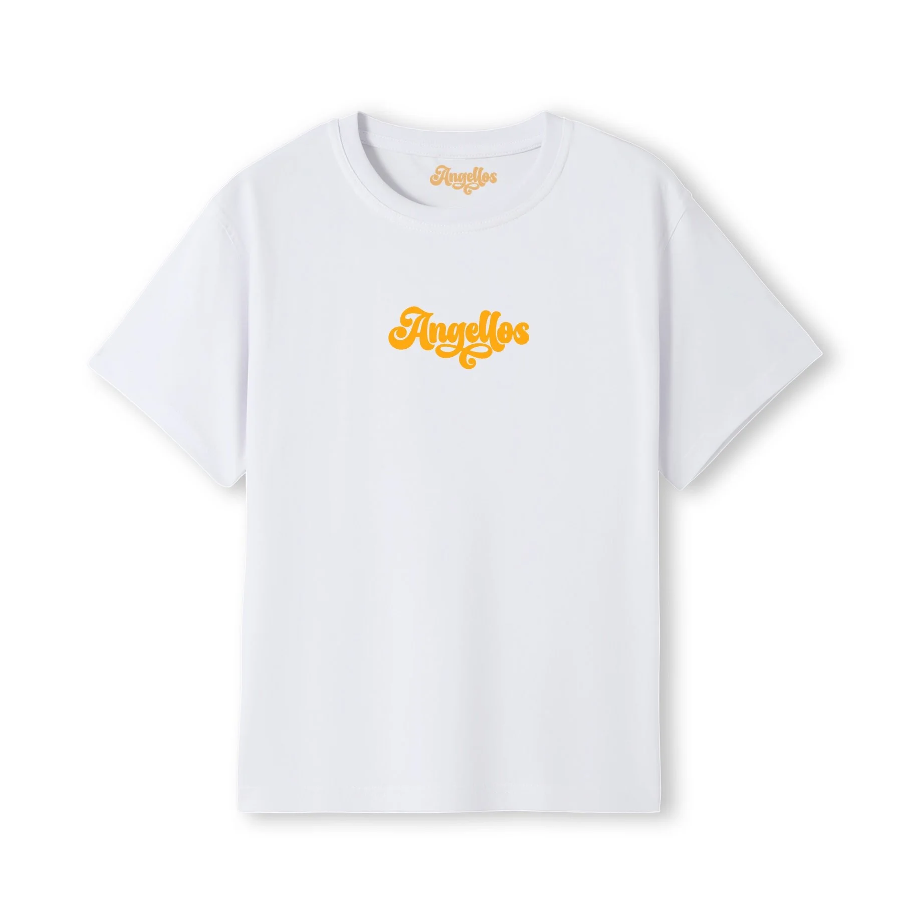 A Christian T-shirt in white color, with the logo Angellos in yellow
