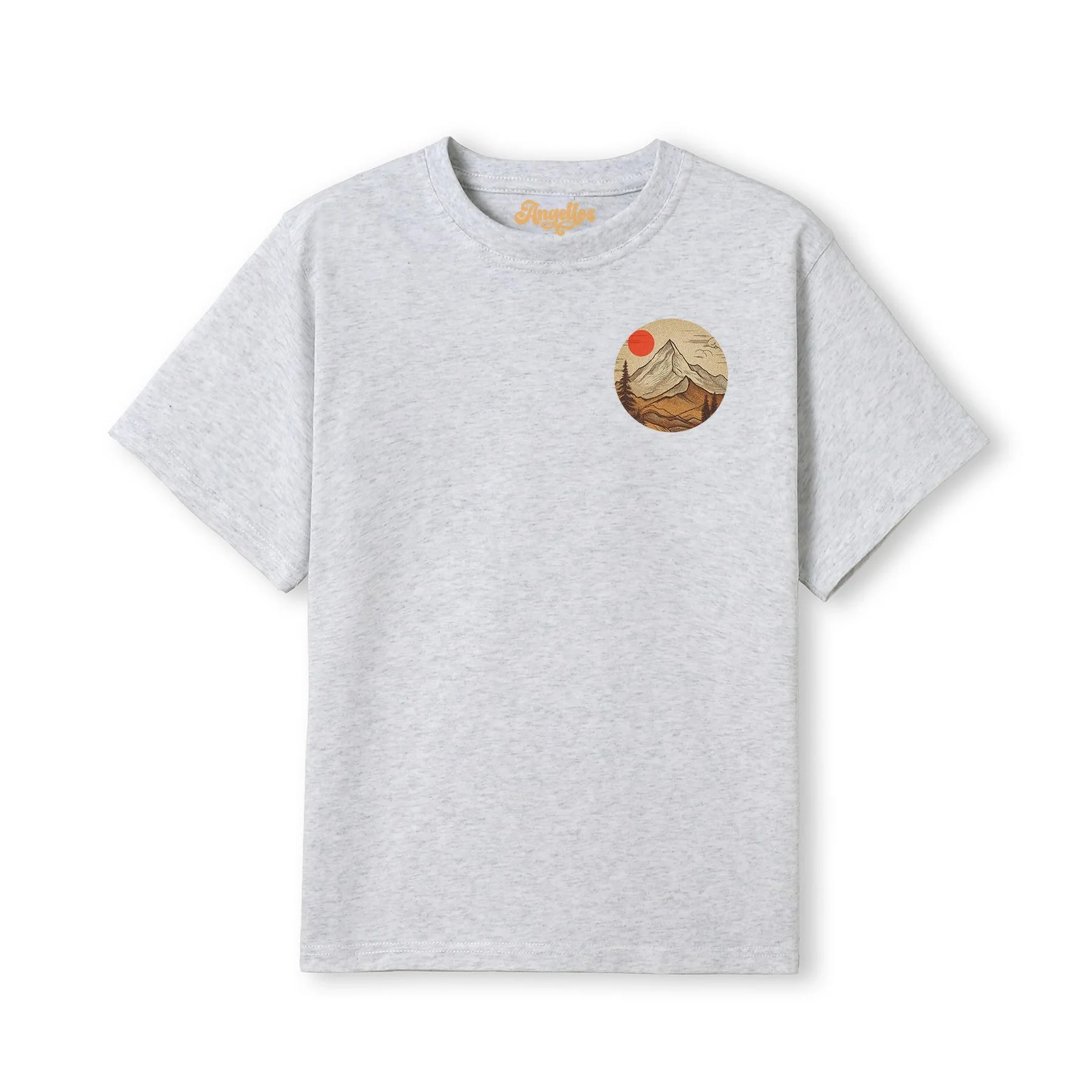 A Christian t-shirt in snow marl colour, with an image of a mountain and red sun, with the words 'Mountains can be moved'