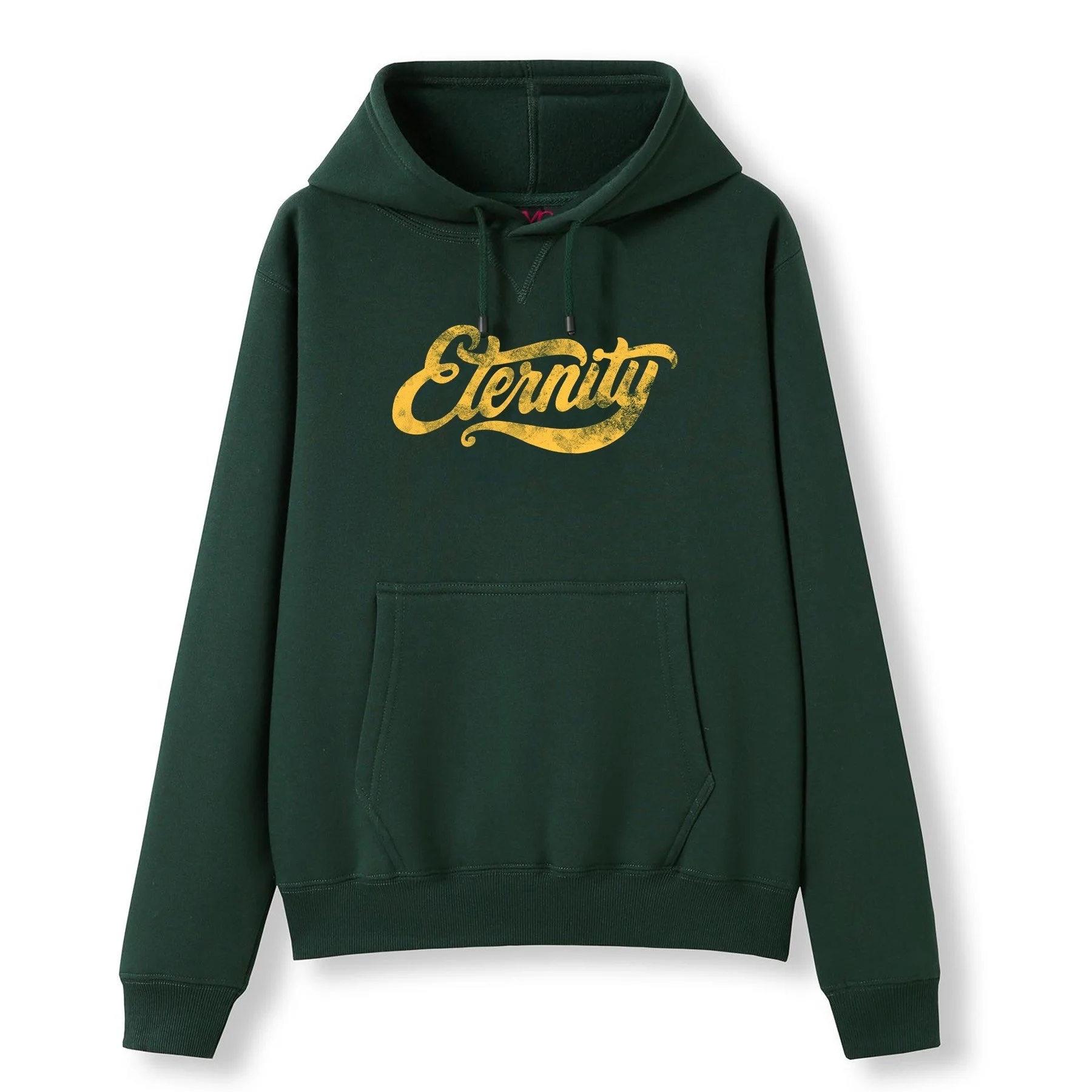 A Christian Hoodie in Bottle Green color, with the word Eternity in yellow on the front, in beautiful script writing