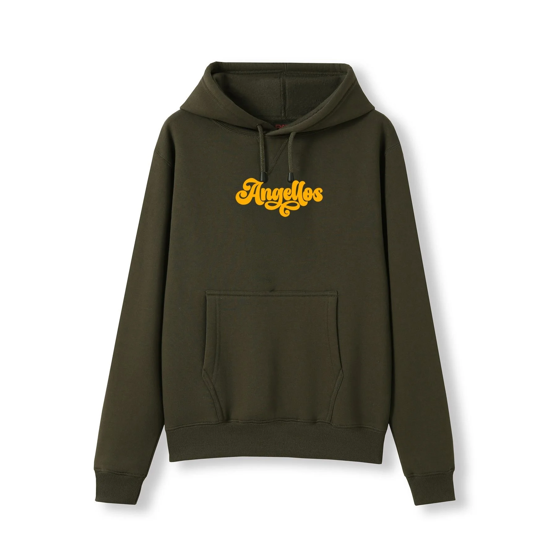 A Christian Hoodie in Khaki color, with the brand Angellos in yellow color