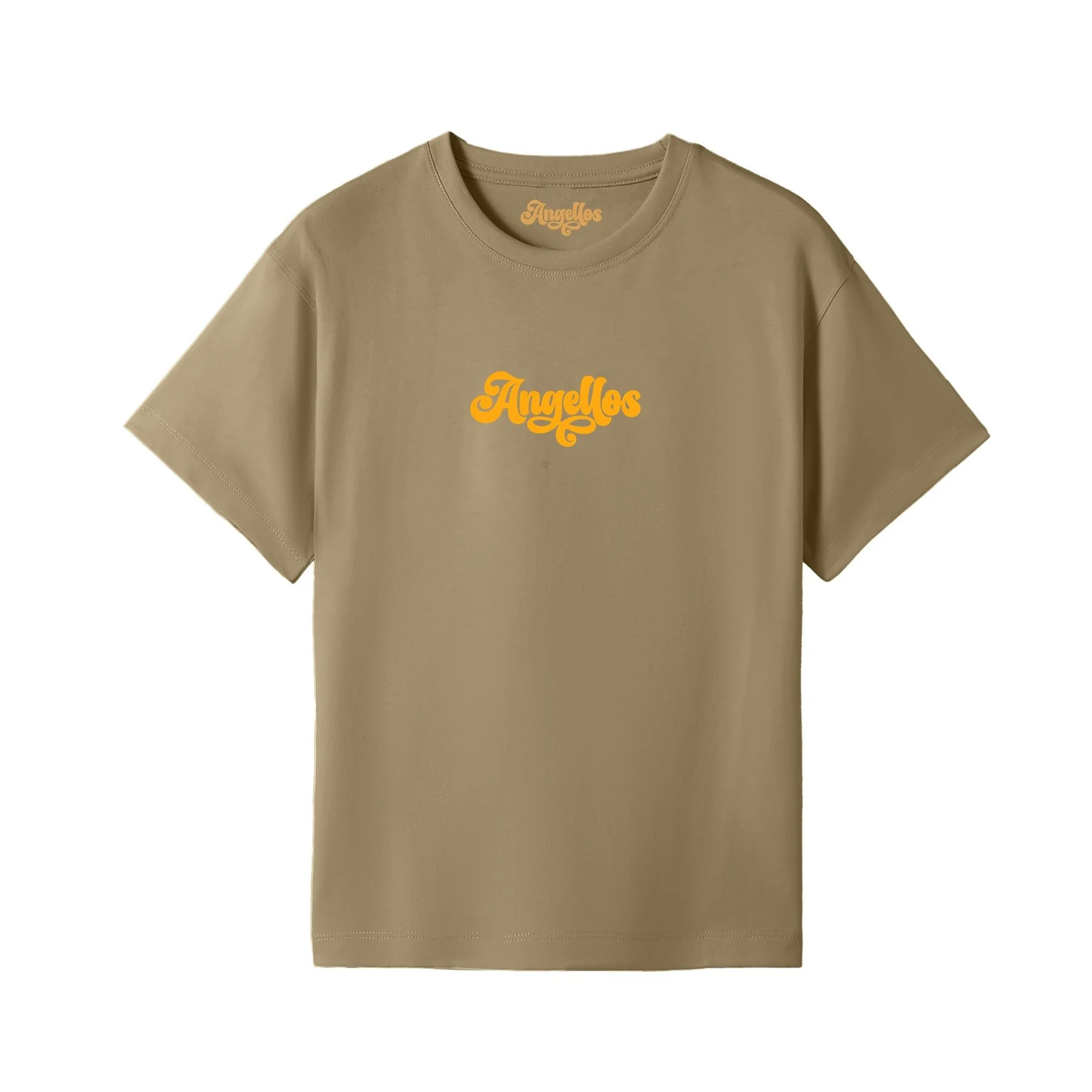 A Christian T-shirt in Stone color, with the logo Angellos in yellow