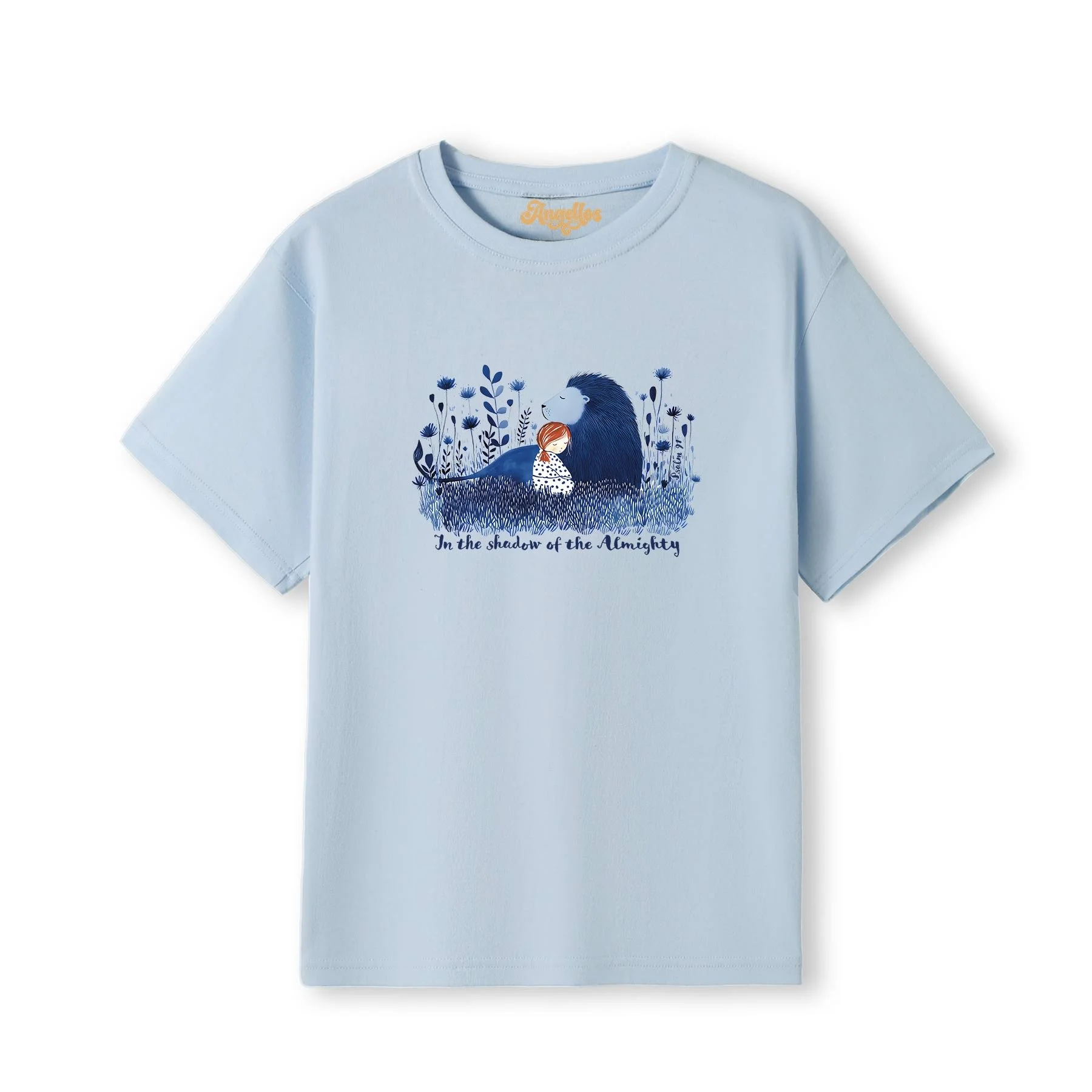 A blonde girl wearing a Christian t-shirt in blue color, with a picture of a blue lion and girl, with the words 'In the Shadow of the Almighty'