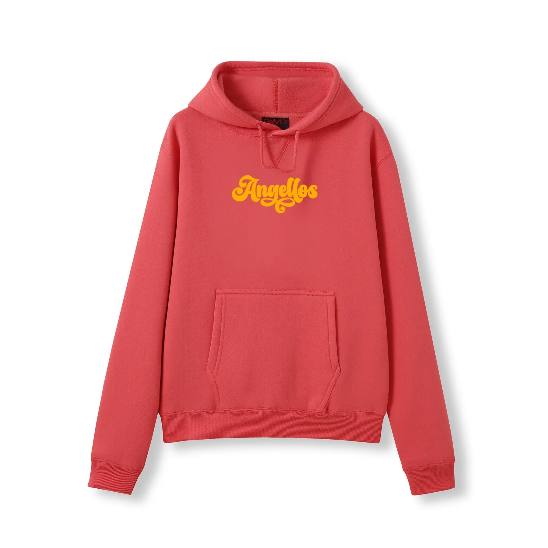 A Christian Hoodie in Coral Red color, with the brand Angellos in yellow color