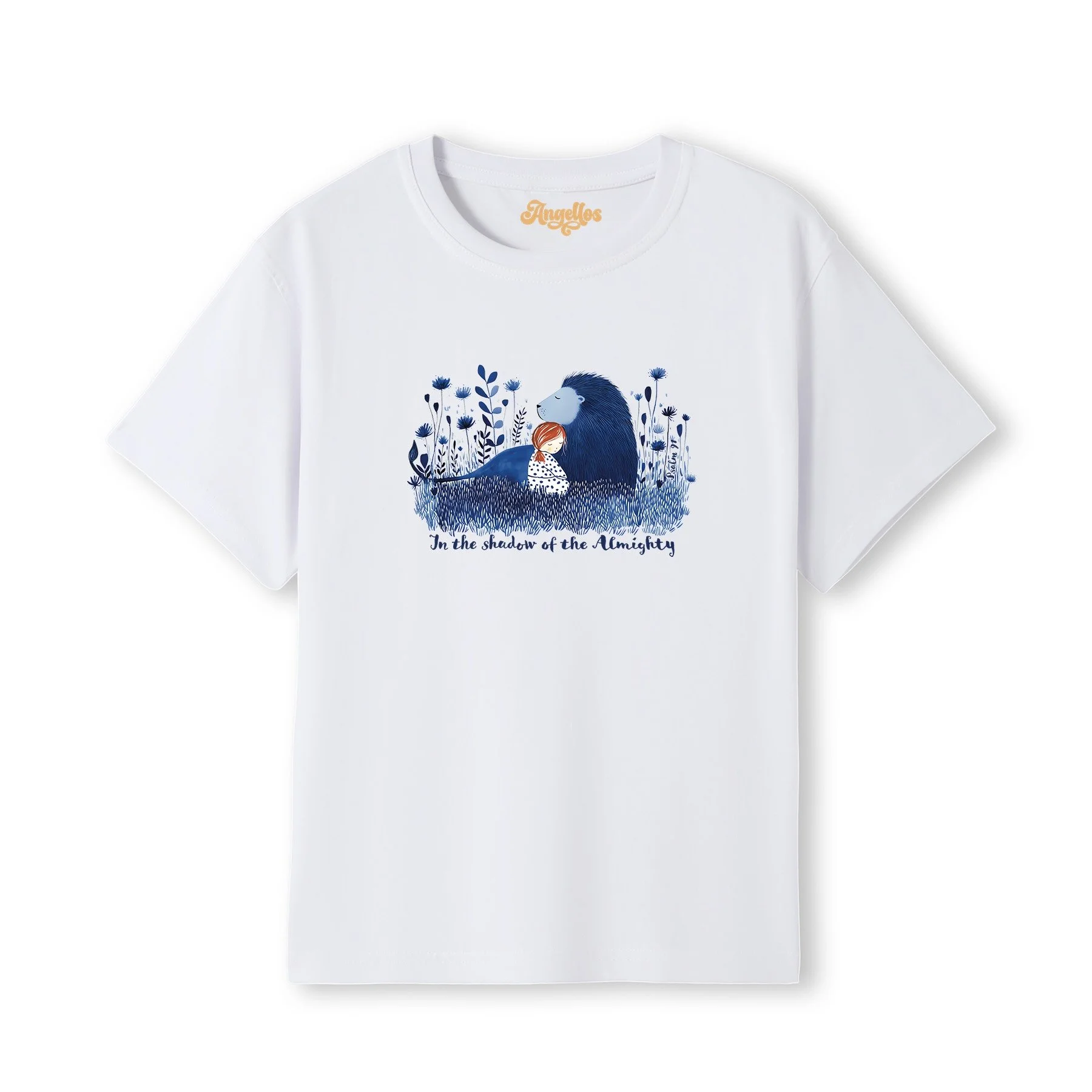 A blonde girl wearing a Christian t-shirt in white color, with a picture of a blue lion and girl, with the words 'In the Shadow of the Almighty'
