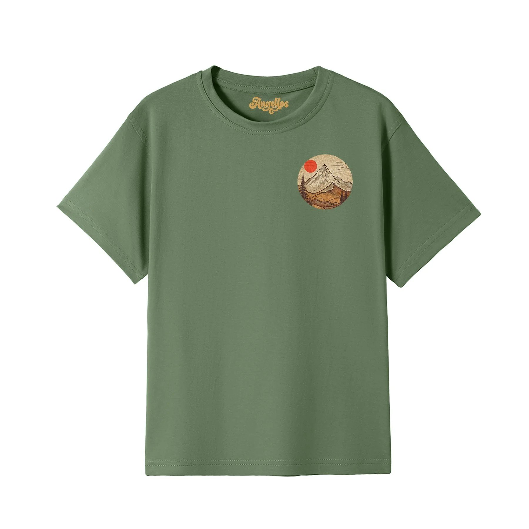 A Christian t-shirt in army green colour, with an image of a mountain and red sun, with the words 'Mountains can be moved'