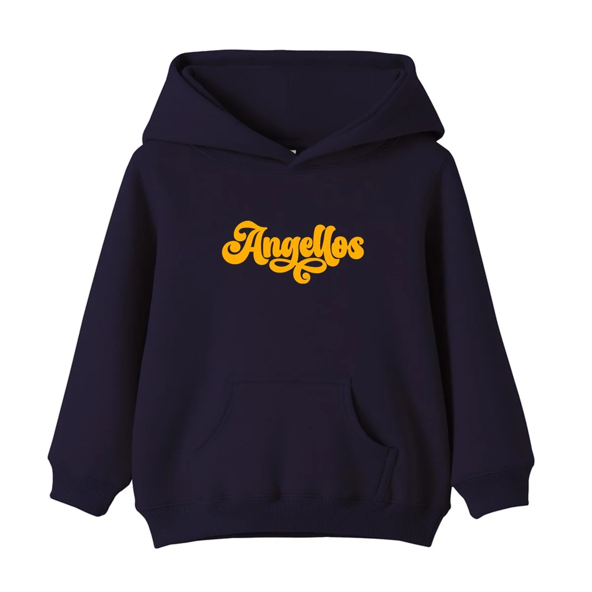 Child wearing a hoodie in Navy color, with the Angellos logo in yellow