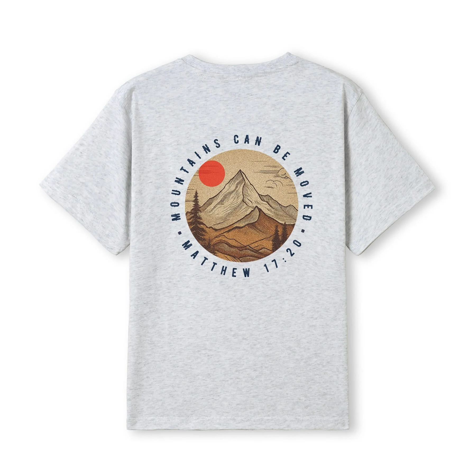 A Christian t-shirt in snow marl colour, with an image of a mountain and red sun, with the words 'Mountains can be moved'