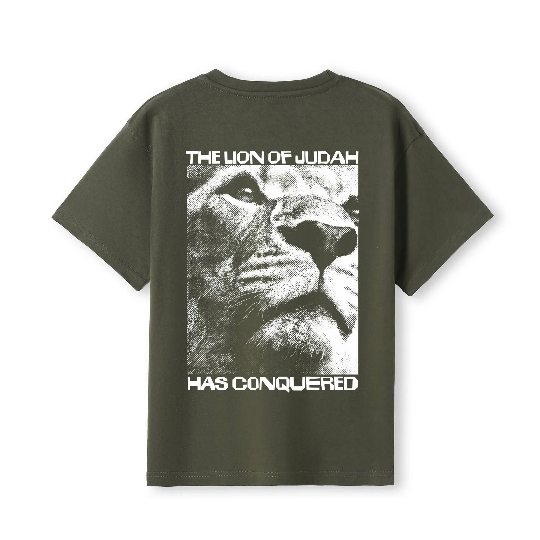 Olive color Christian T-shirt with the words 'The Lion of Judah has conquered' and an image of a lion head