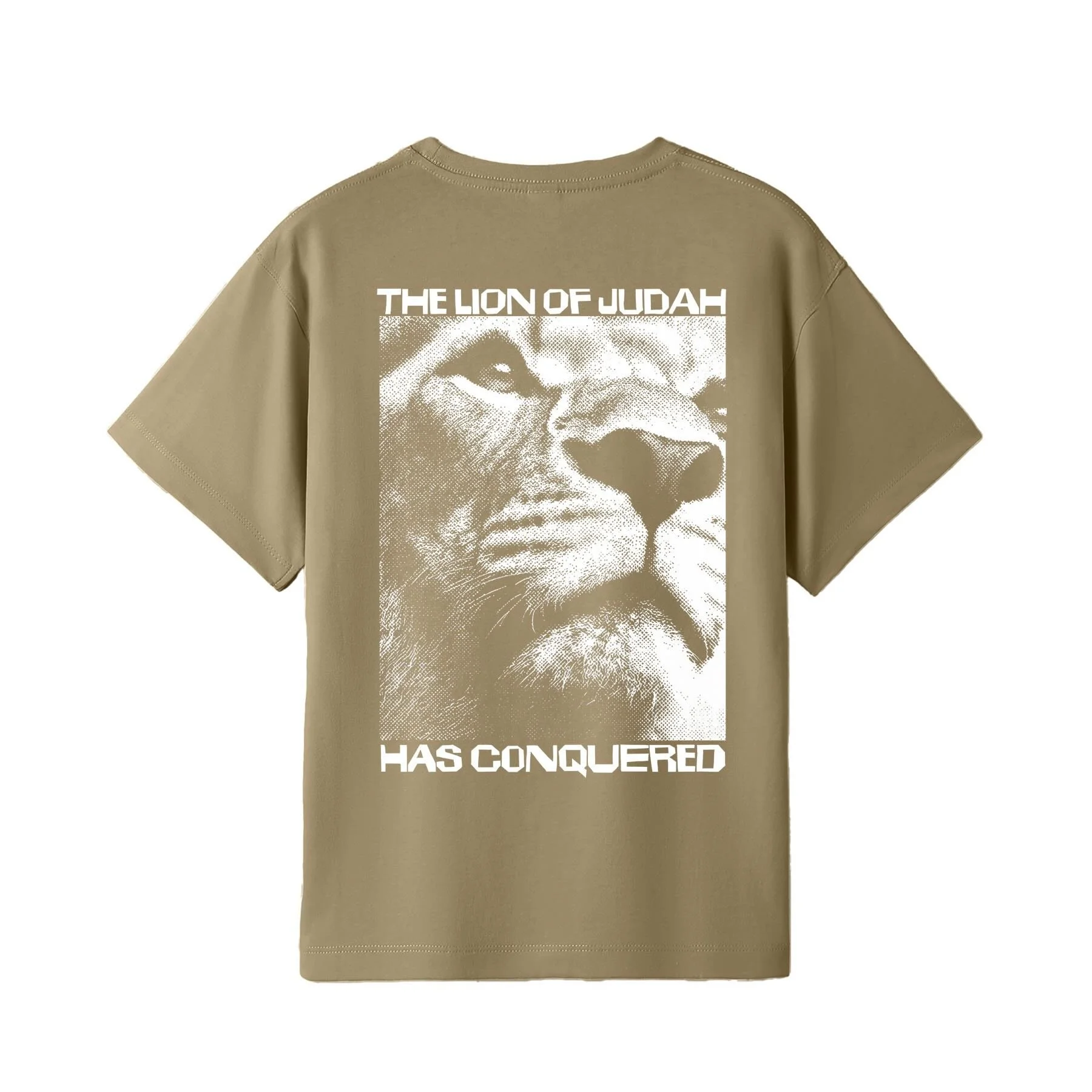 Stone color Christian T-shirt with the words 'The Lion of Judah has conquered' and an image of a lion head