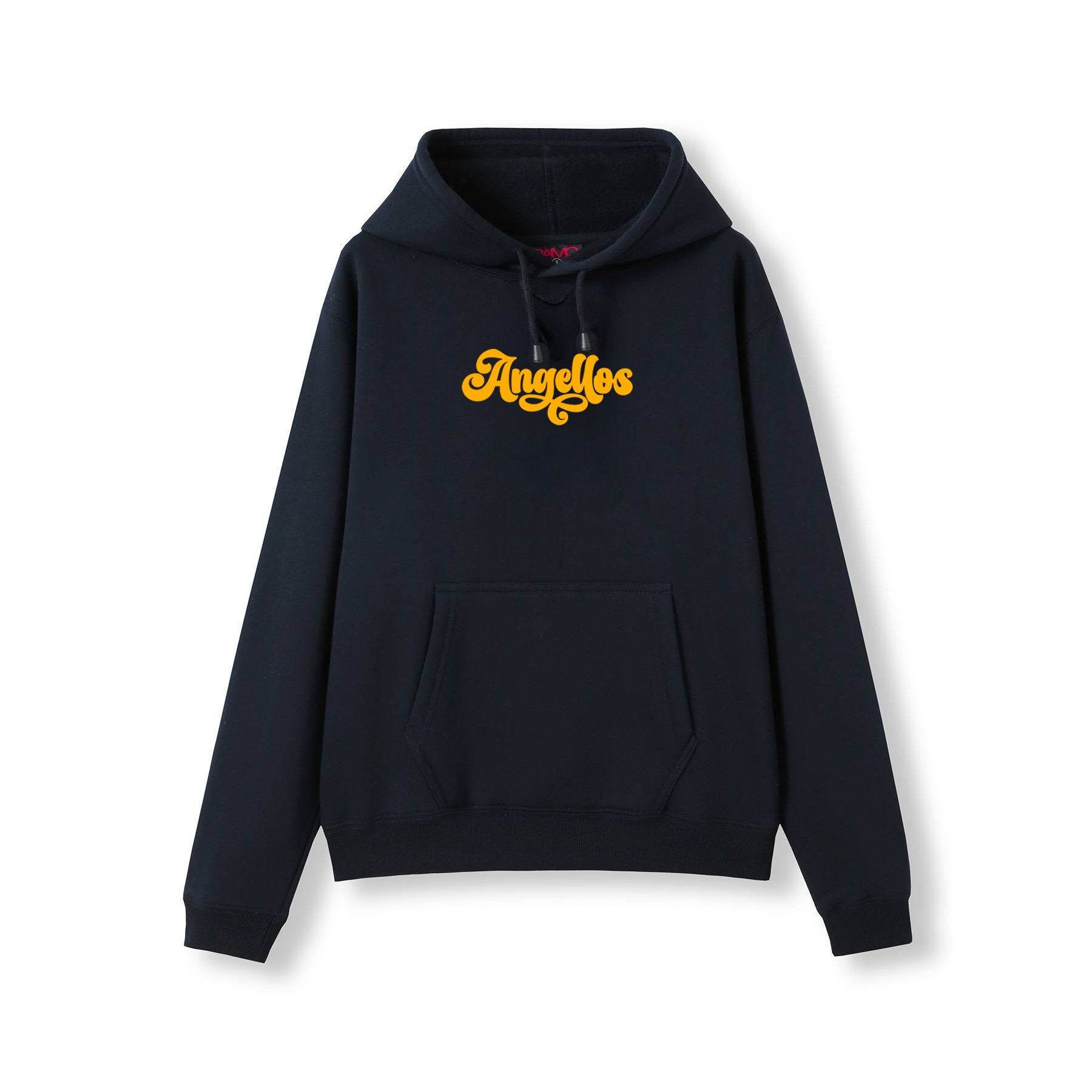 A Christian Hoodie in Navy color, with the brand Angellos in yellow color