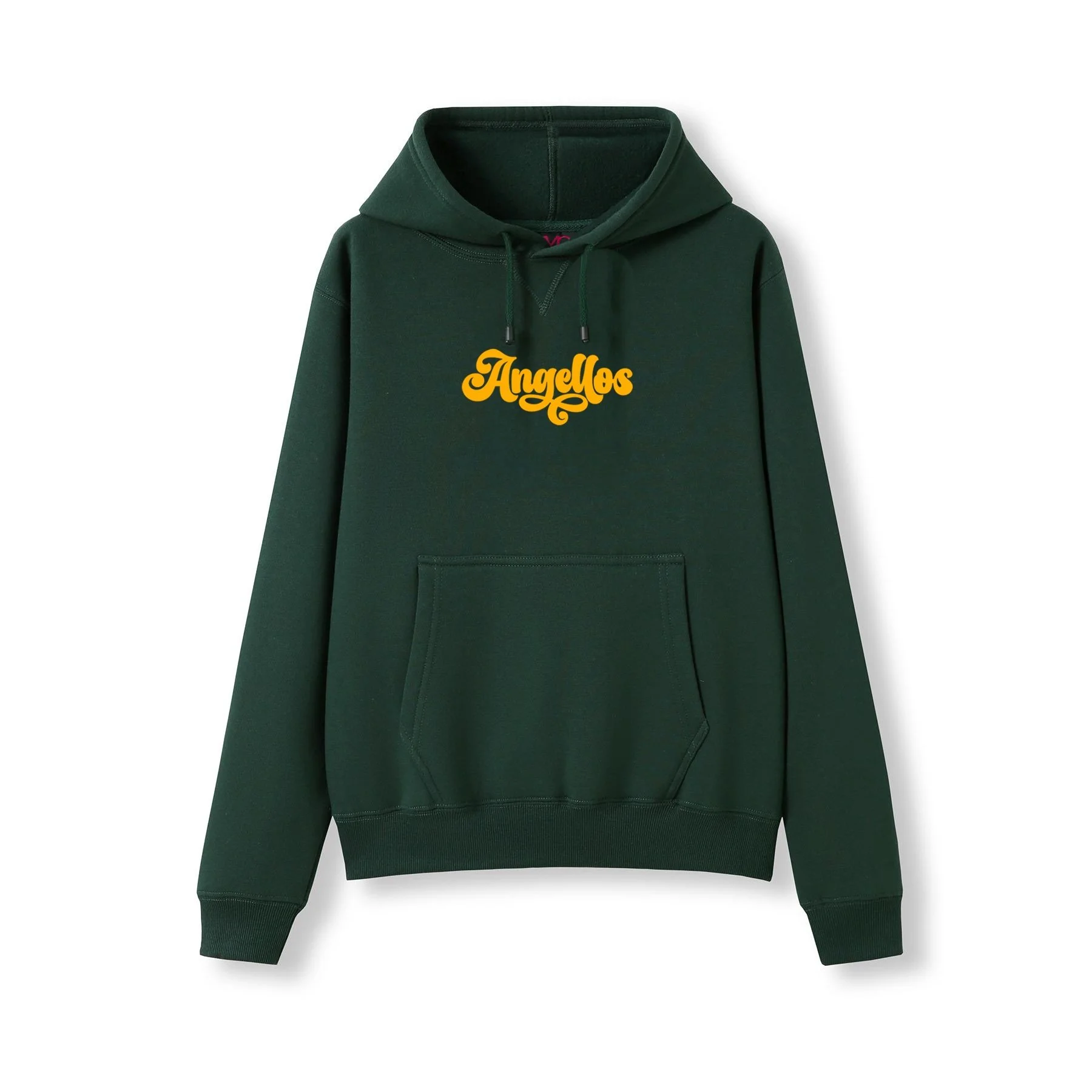 A Christian Hoodie in Bottle Green color, with the brand Angellos in yellow color