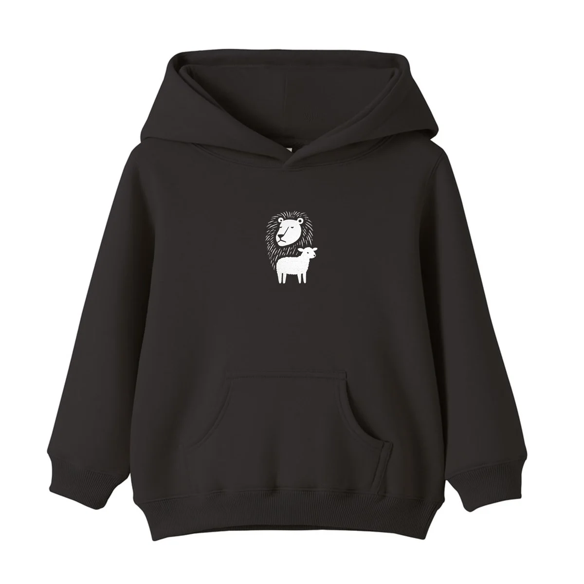 Kids Christian Hoodie in Charcoal color, with a lion and lamb logo in white