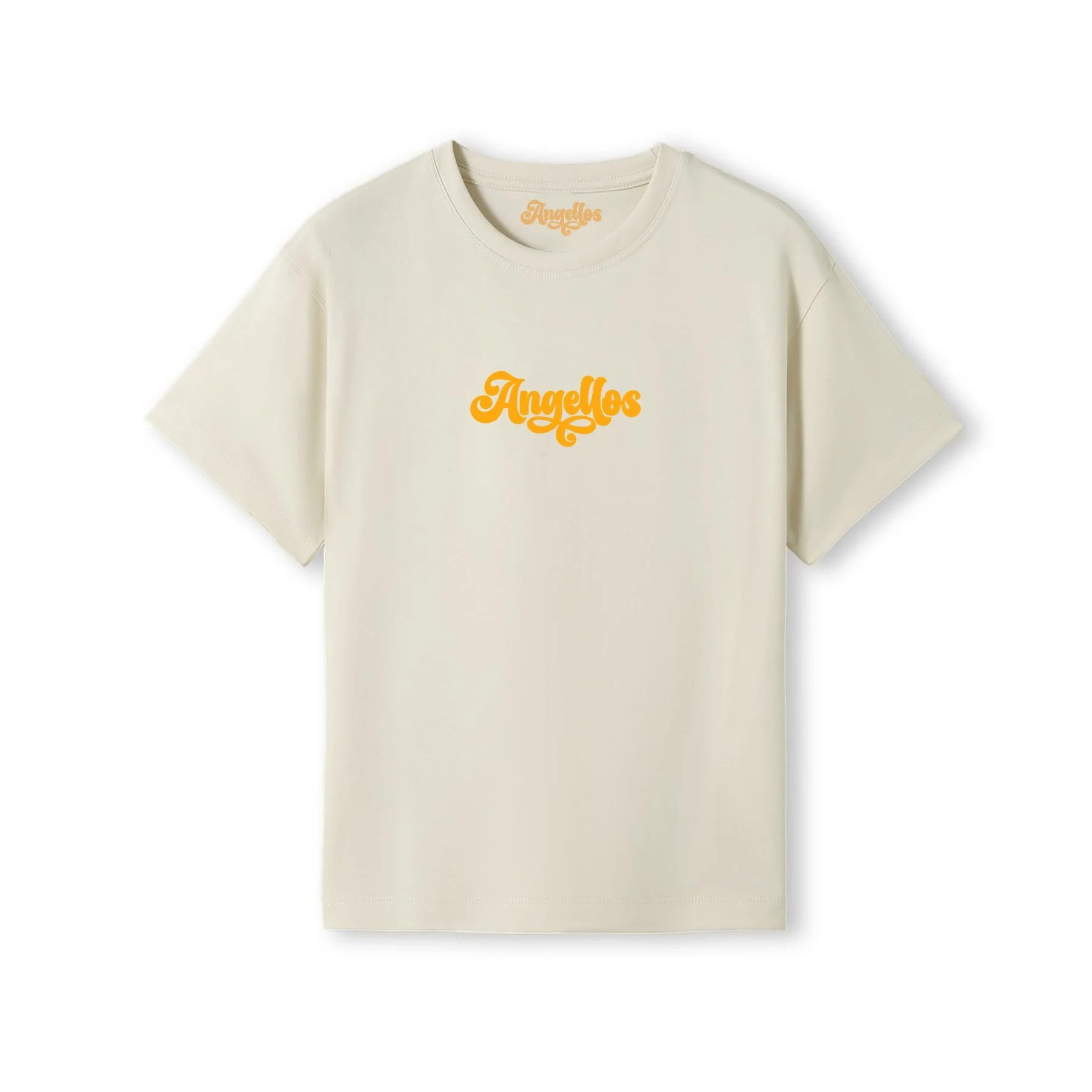 A Christian T-shirt in natural color, with the logo Angellos in yellow