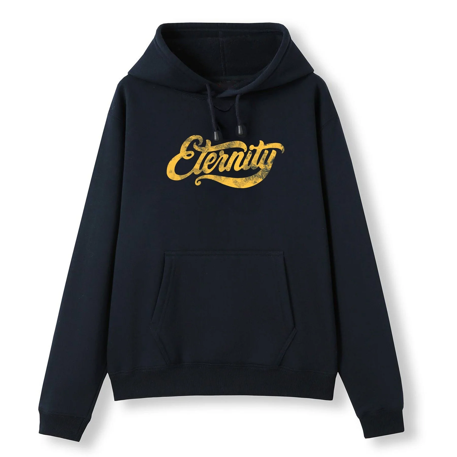 A Christian Hoodie in Navy color, with the word Eternity in yellow on the front, in beautiful script writing