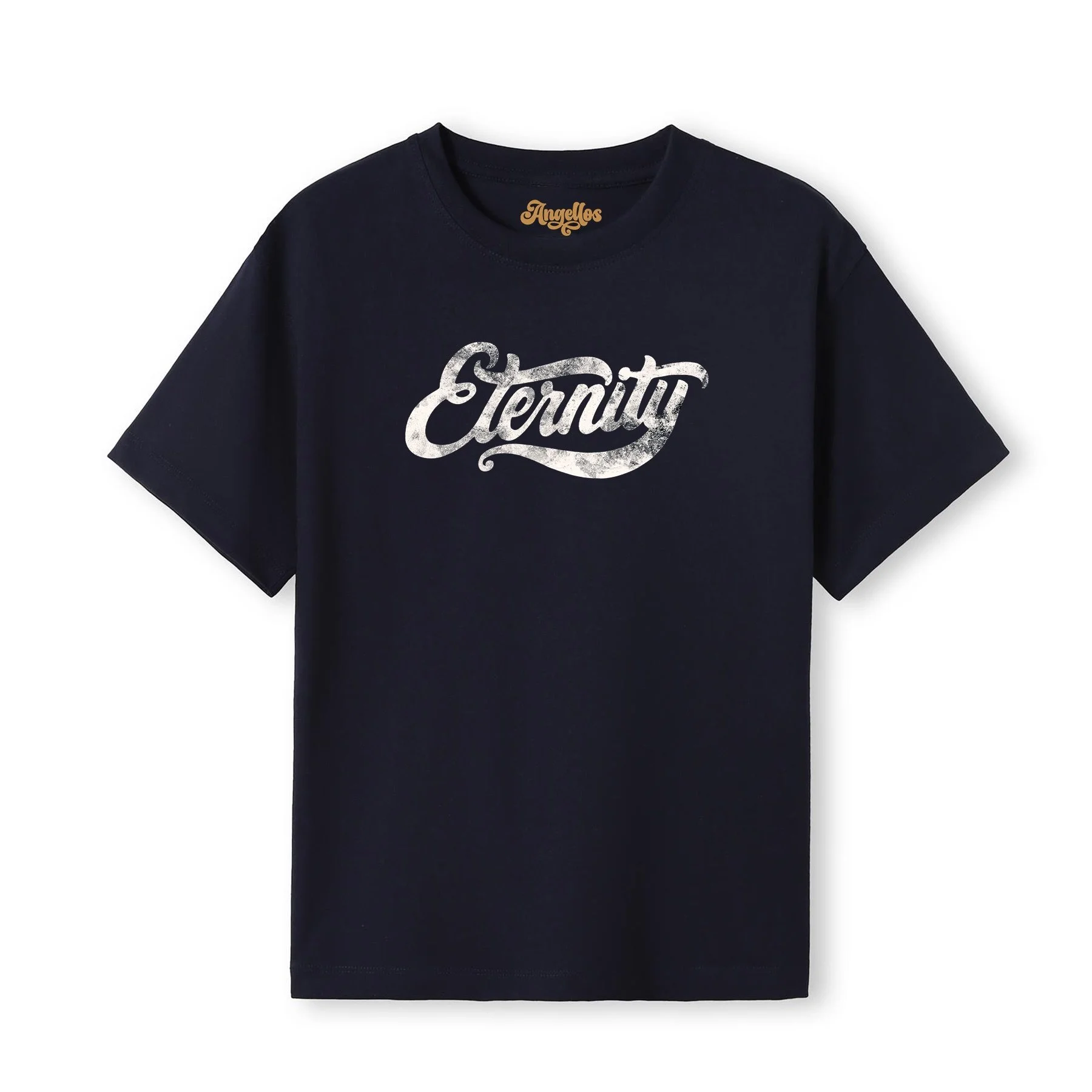 A Christian T-shirt in black color, with the word Eternity written on the front in white, in beautiful script writing