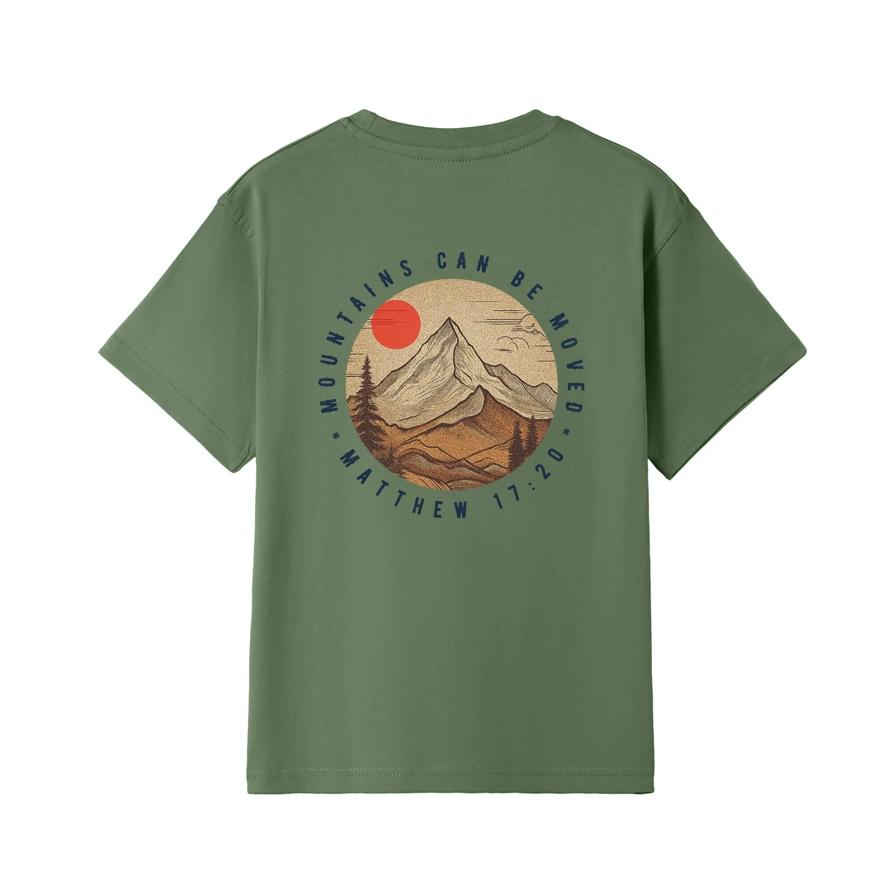 A Christian t-shirt in army green colour, with an image of a mountain and red sun, with the words 'Mountains can be moved'