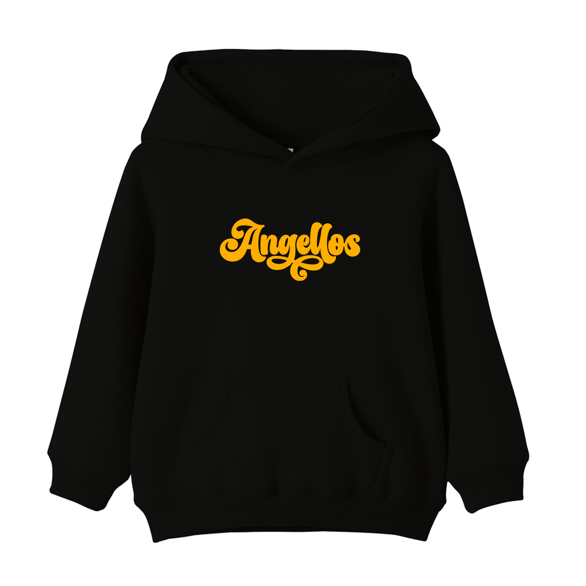 Child wearing a hoodie in black color, with the Angellos logo in yellow
