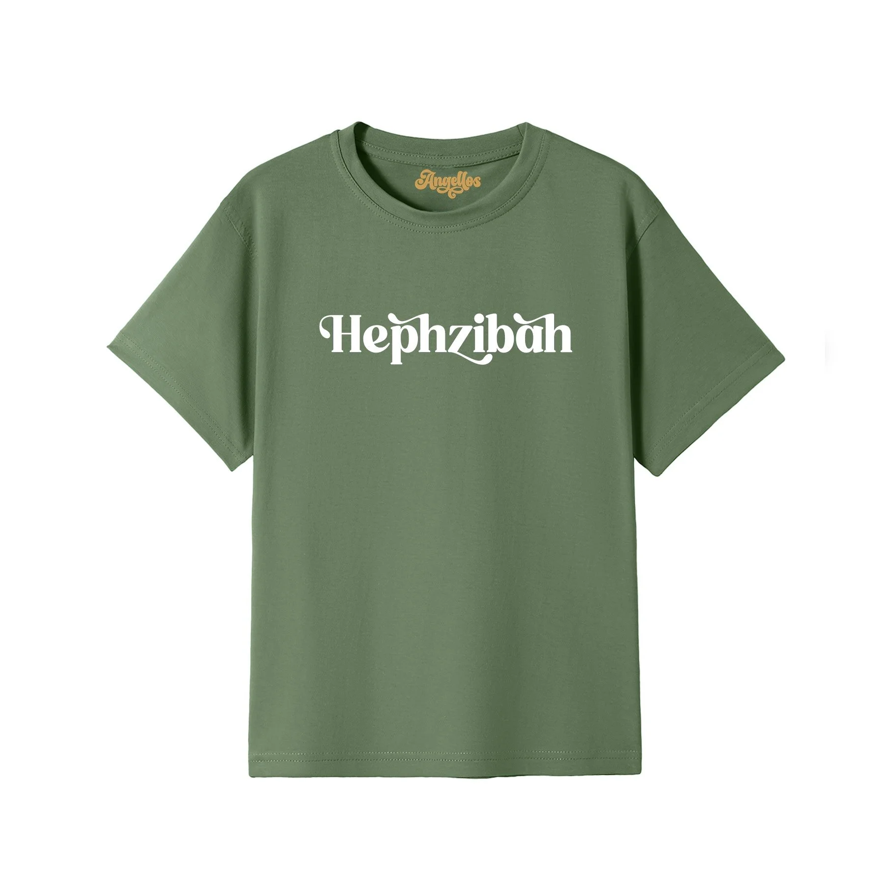 A Christian T-shirt in Army Green colour, with the word 'Hephzibah' written on the front in white