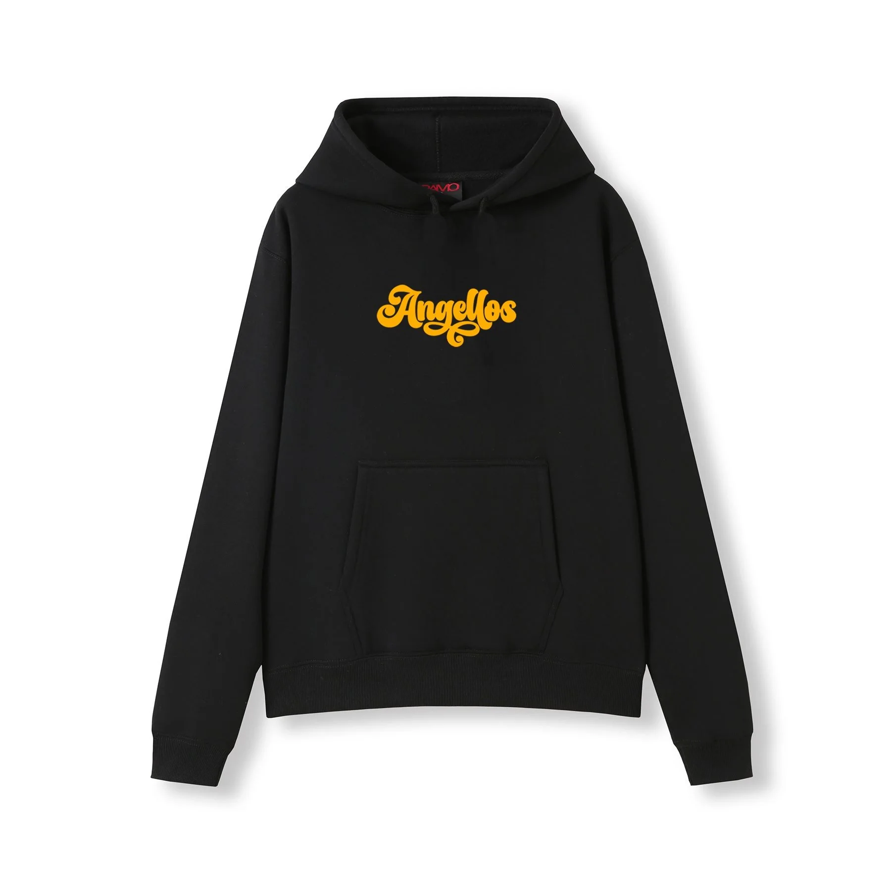 A Christian Hoodie in Black color, with the brand Angellos in yellow color