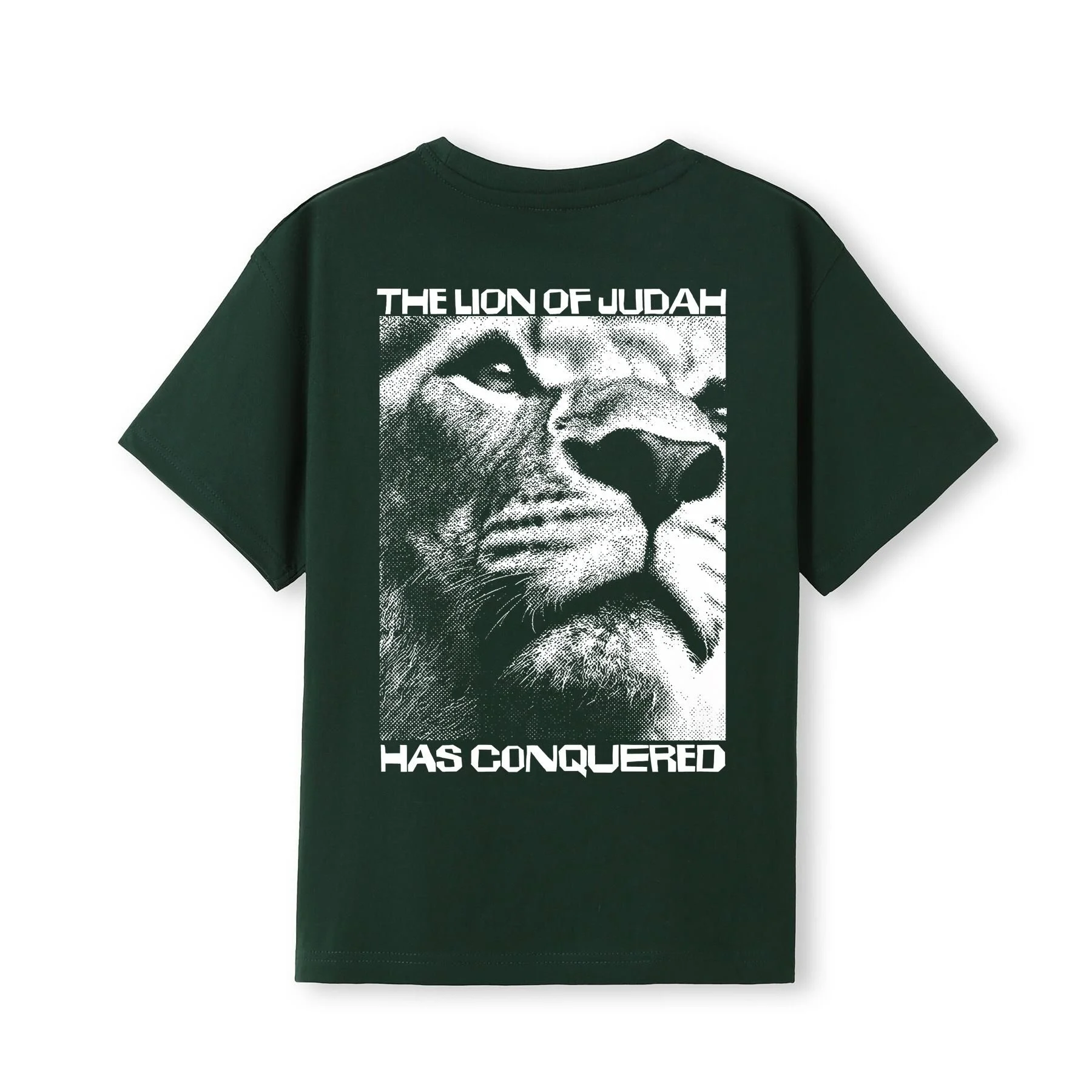 Bottle green color Christian T-shirt with the words 'The Lion of Judah has conquered' and an image of a lion head