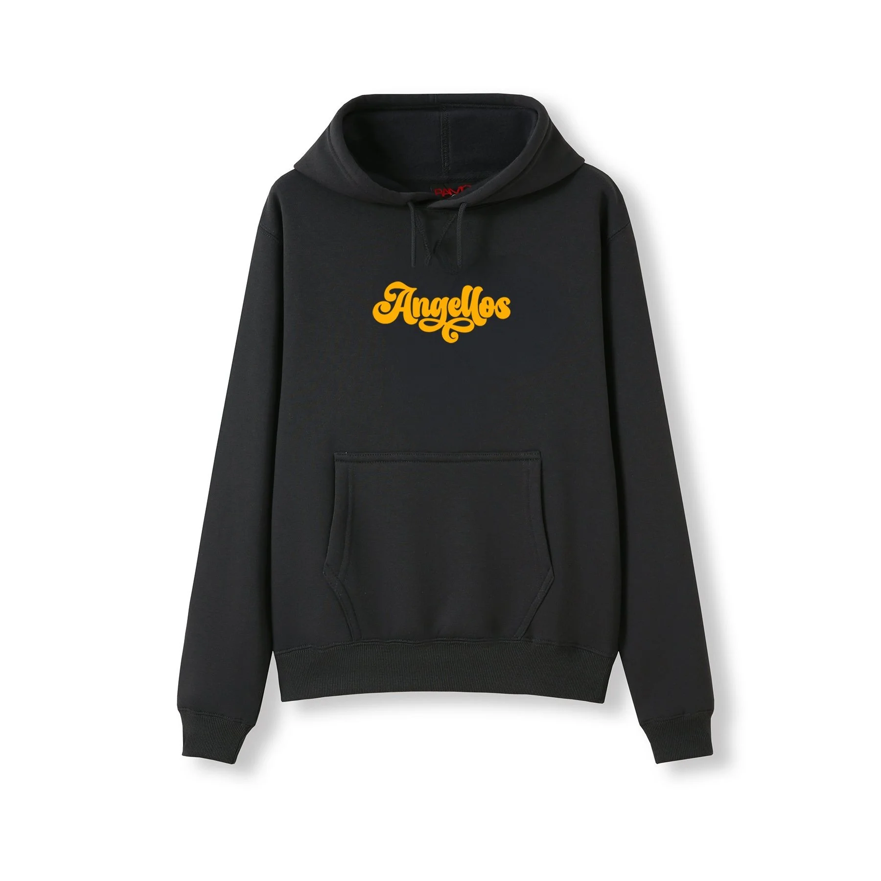 A Christian Hoodie in Charcoal color, with the brand Angellos in yellow color