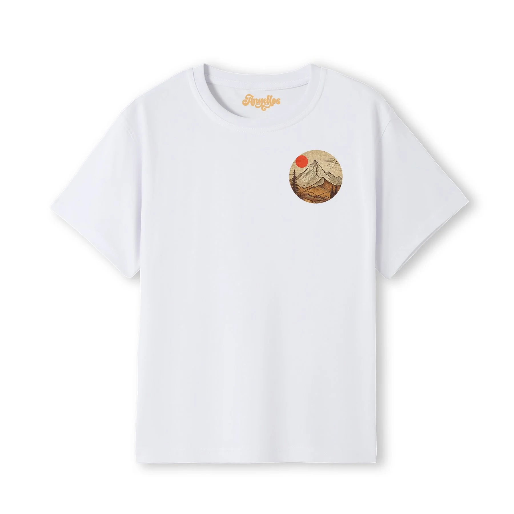 A Christian t-shirt in white colour, with an image of a mountain and red sun, with the words 'Mountains can be moved'