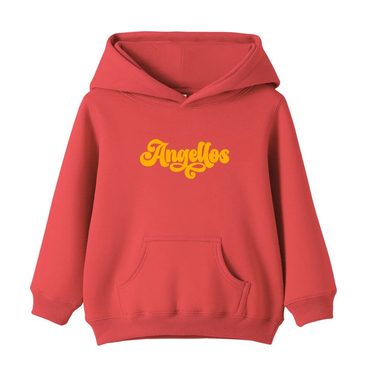 Child wearing a hoodie in Coral Red color, with the Angellos logo in yellow
