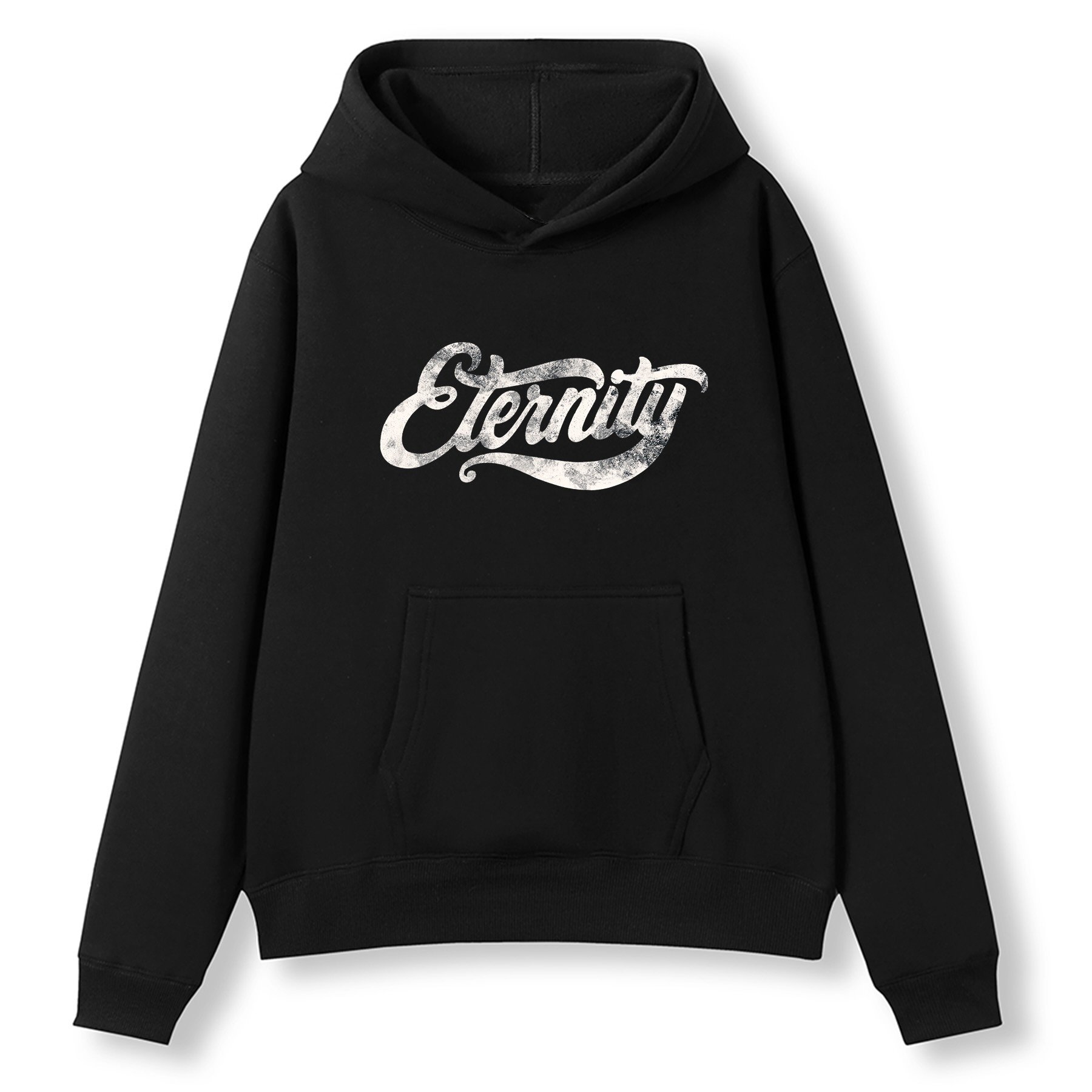 A Christian Hoodie in Black color, with the word Eternity in white on the front, in beautiful script writing