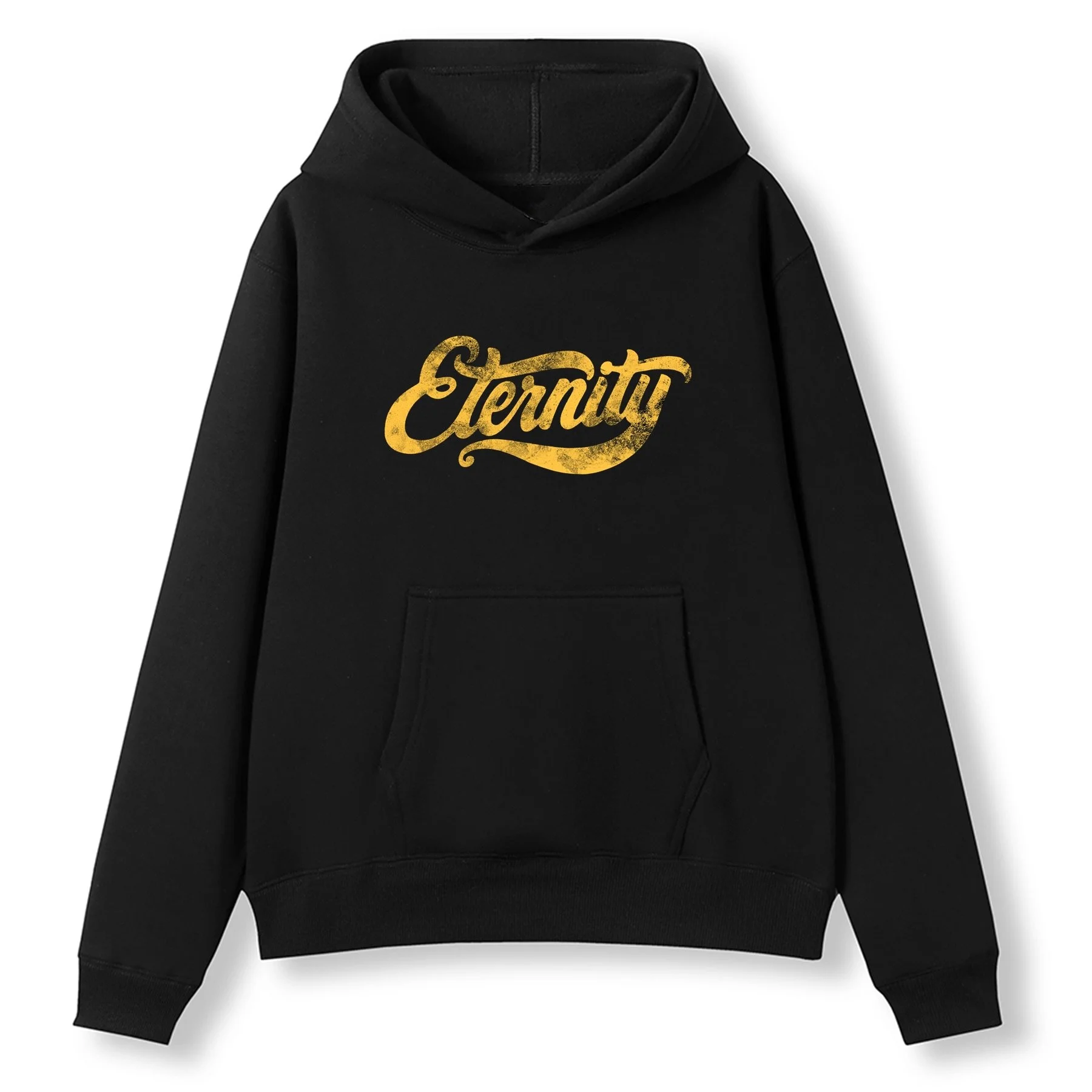 A Christian Hoodie in Black color, with the word Eternity in yellow on the front, in beautiful script writing