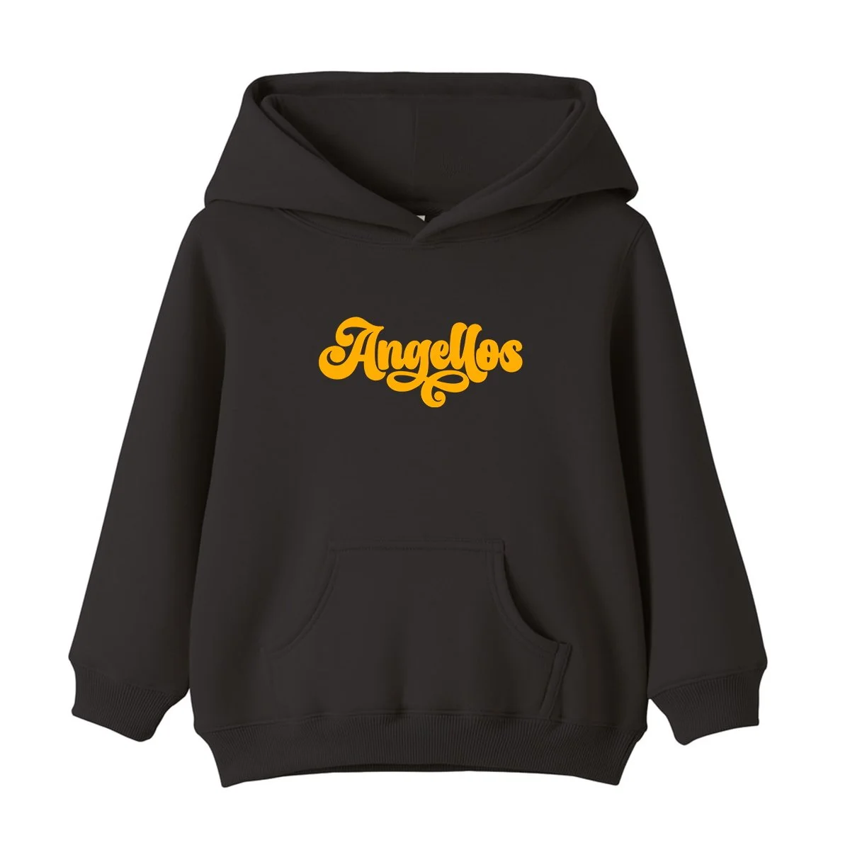Child wearing a hoodie in Charcoal color, with the Angellos logo in yellow