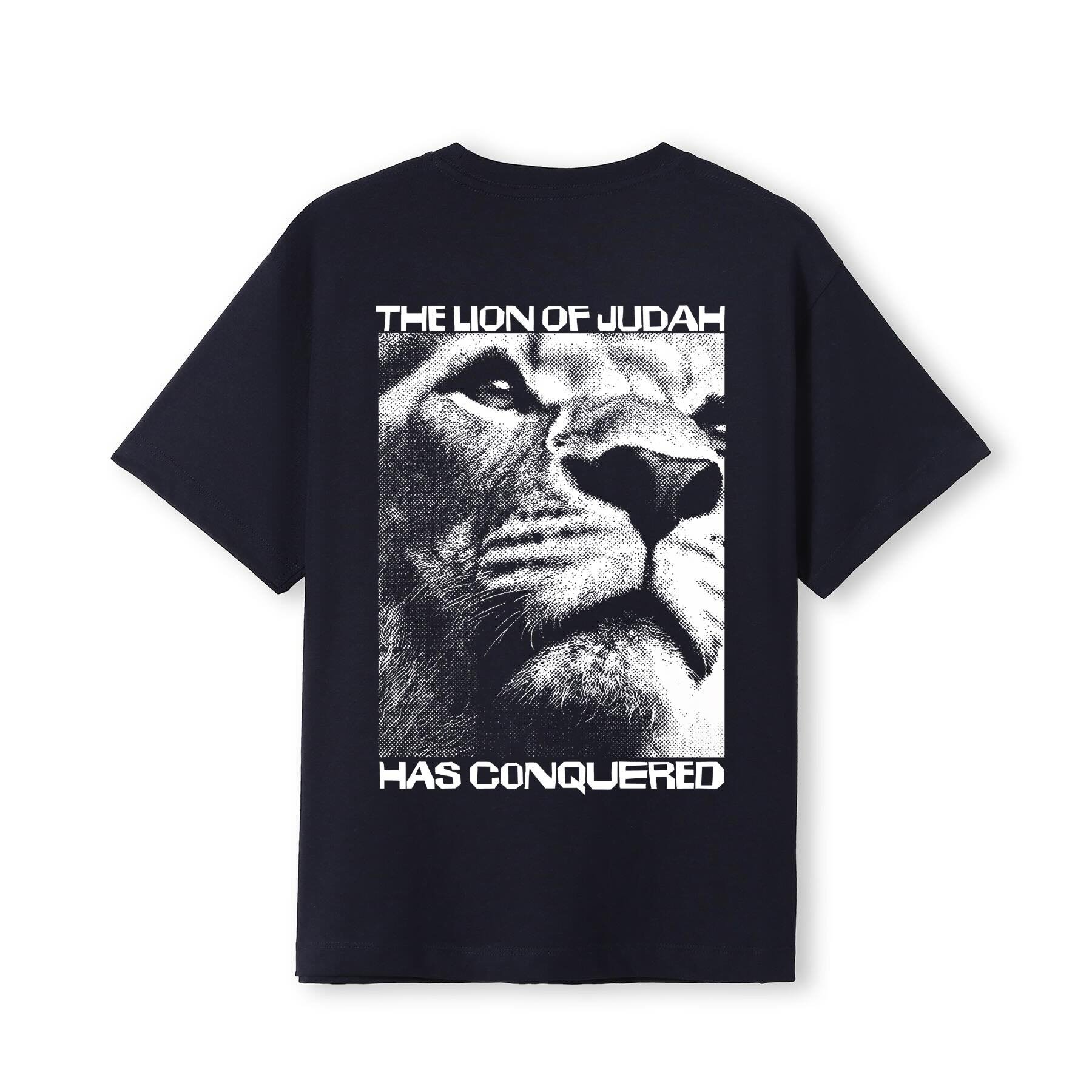 Navy color Christian T-shirt with the words 'The Lion of Judah has conquered' and an image of a lion head