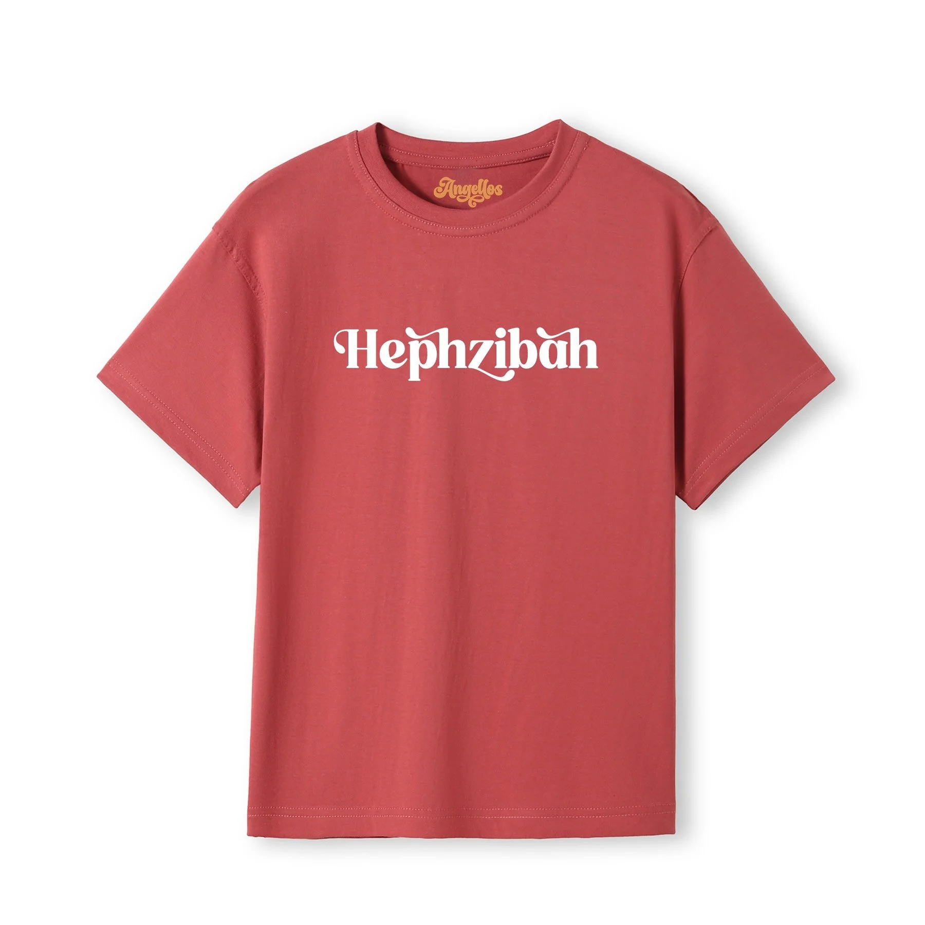 A Christian T-shirt in Earth colour, with the word 'Hephzibah' written on the front in white