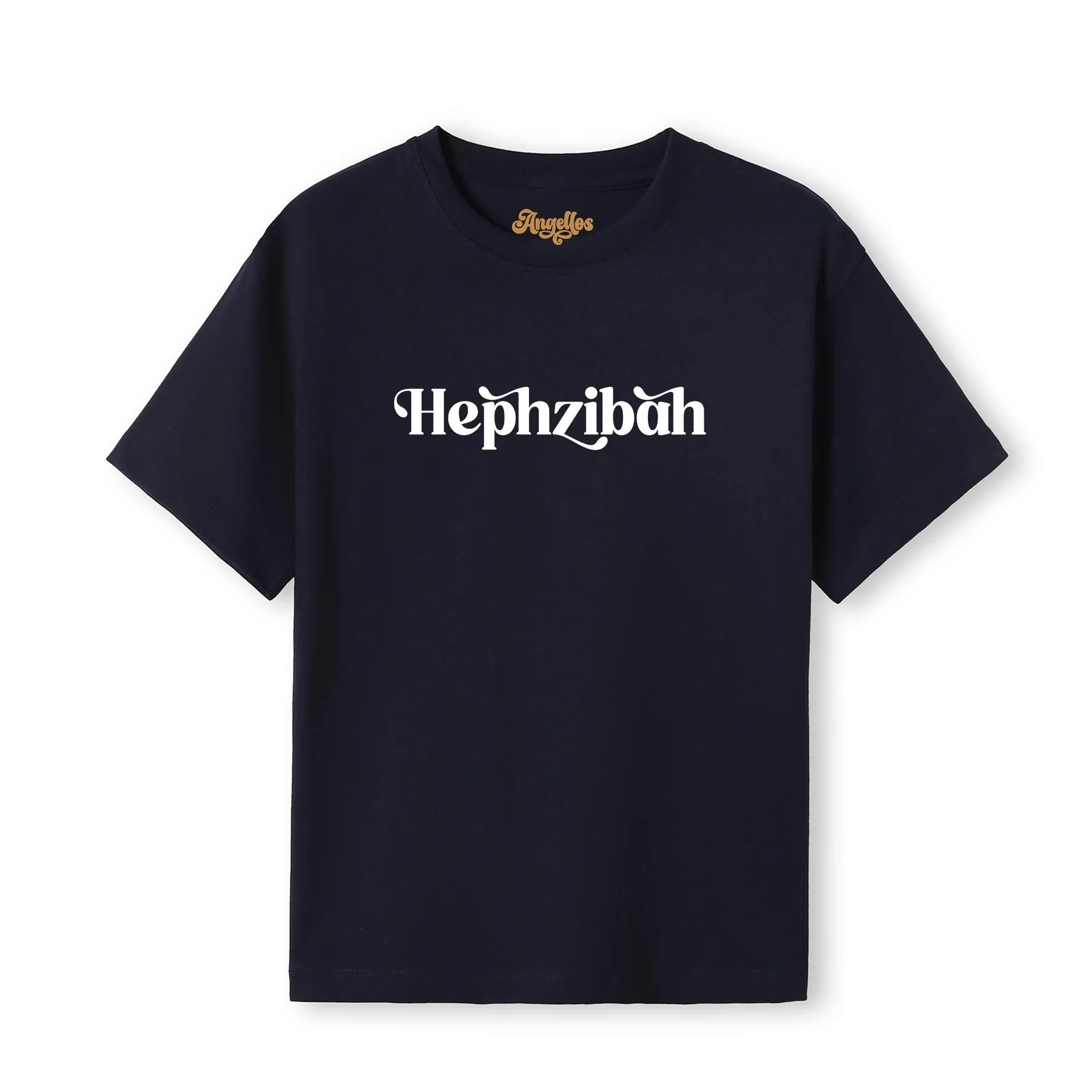 A Christian T-shirt in Navy colour, with the word 'Hephzibah' written on the front in white