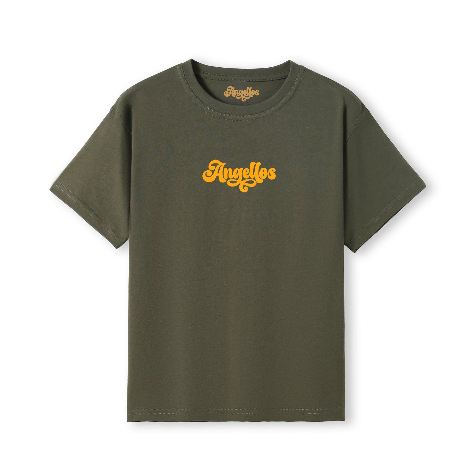 A Christian T-shirt in olive color, with the logo Angellos in yellow