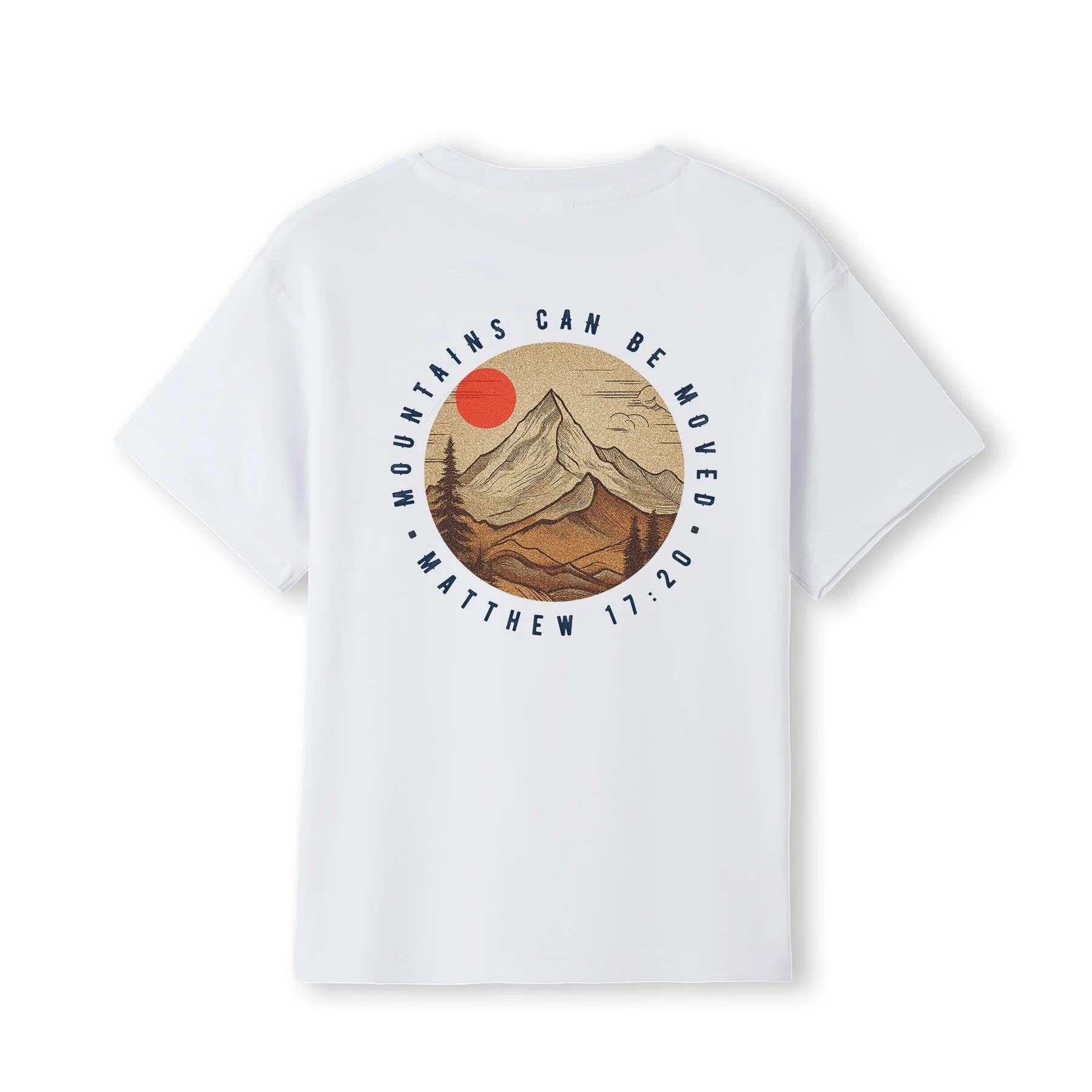 A Christian t-shirt in white colour, with an image of a mountain and red sun, with the words 'Mountains can be moved'