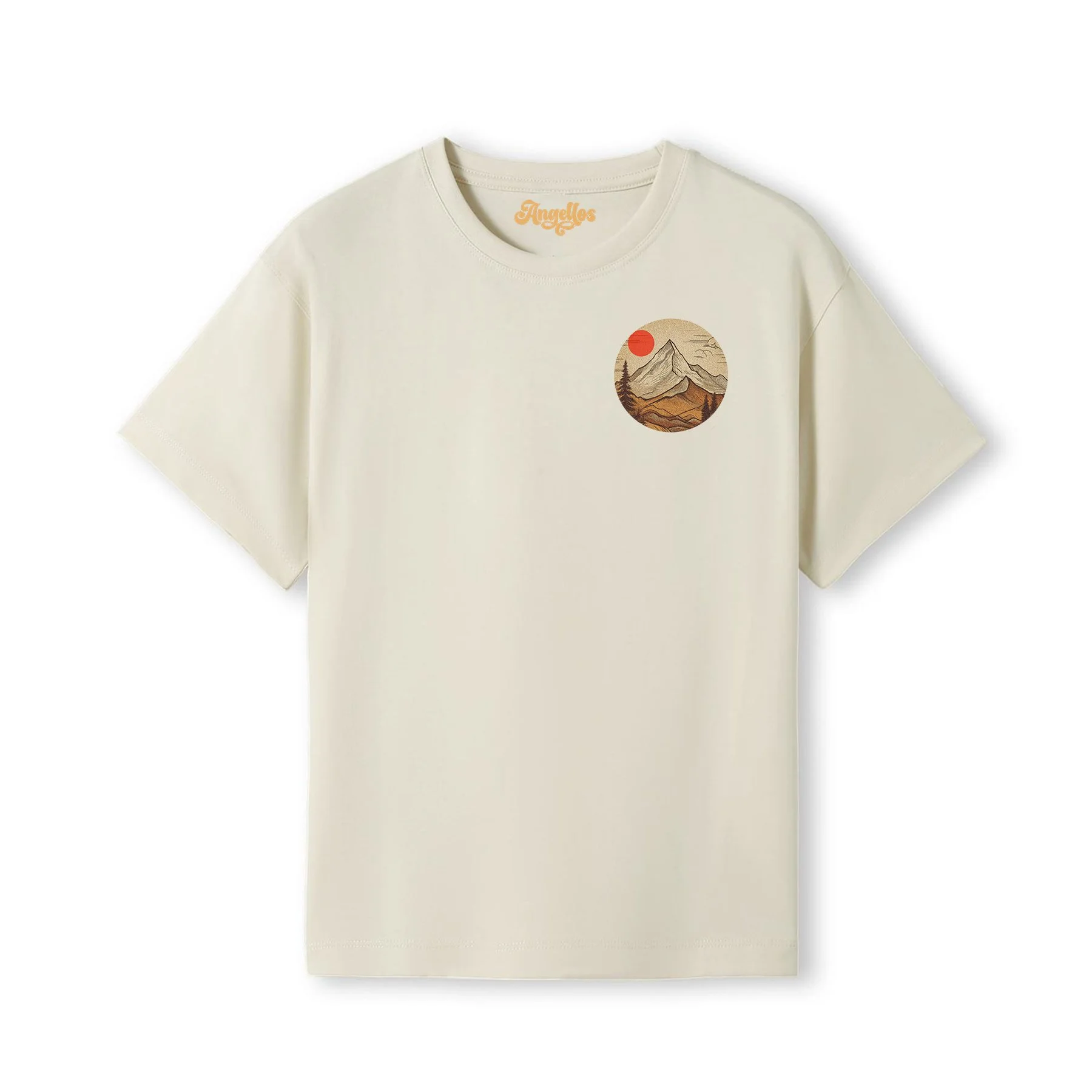 A Christian t-shirt in Natural colour, with an image on the front of a mountain and red sun, with the words 'Mountains can be moved'