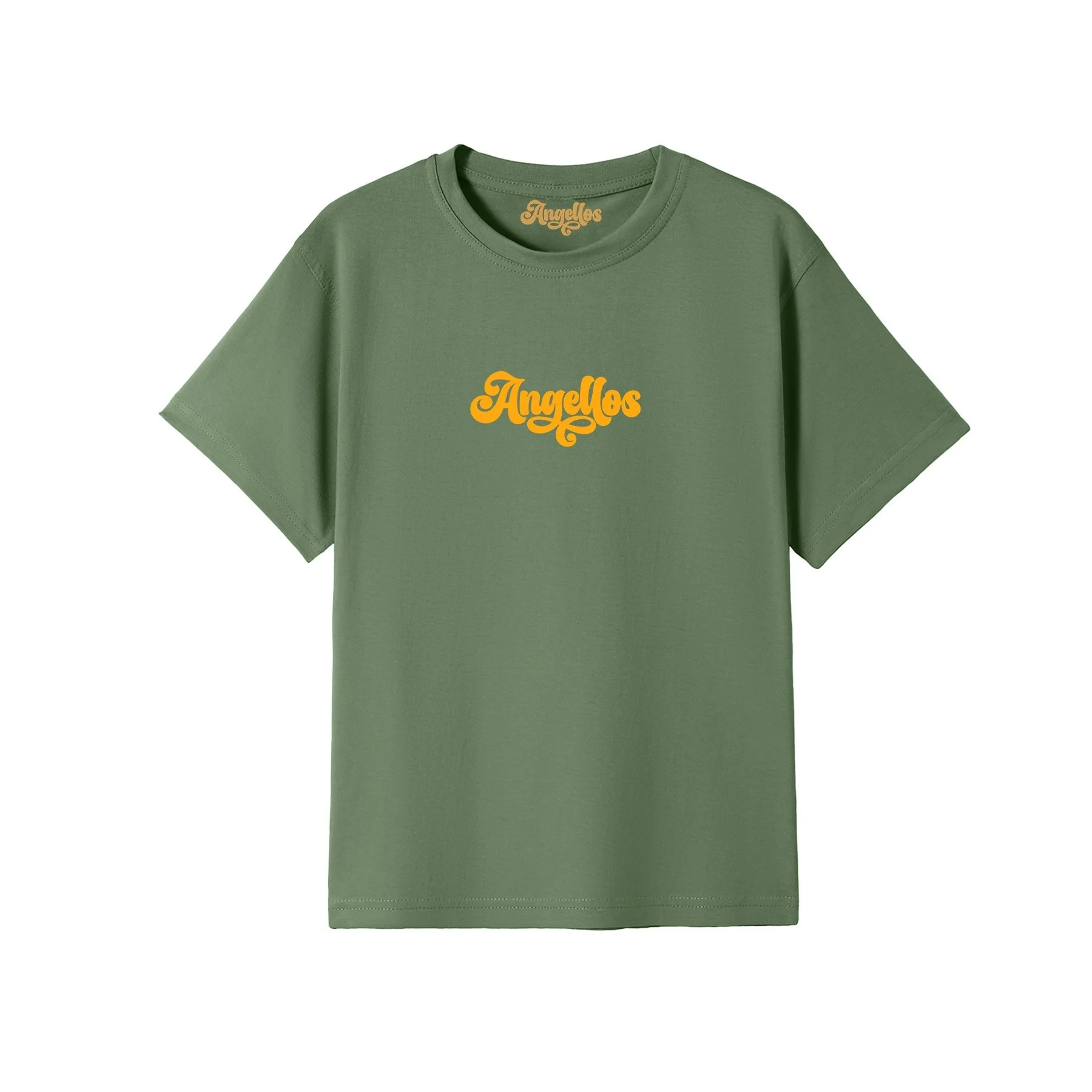 A Christian T-shirt in Army Green color, with the logo Angellos in yellow