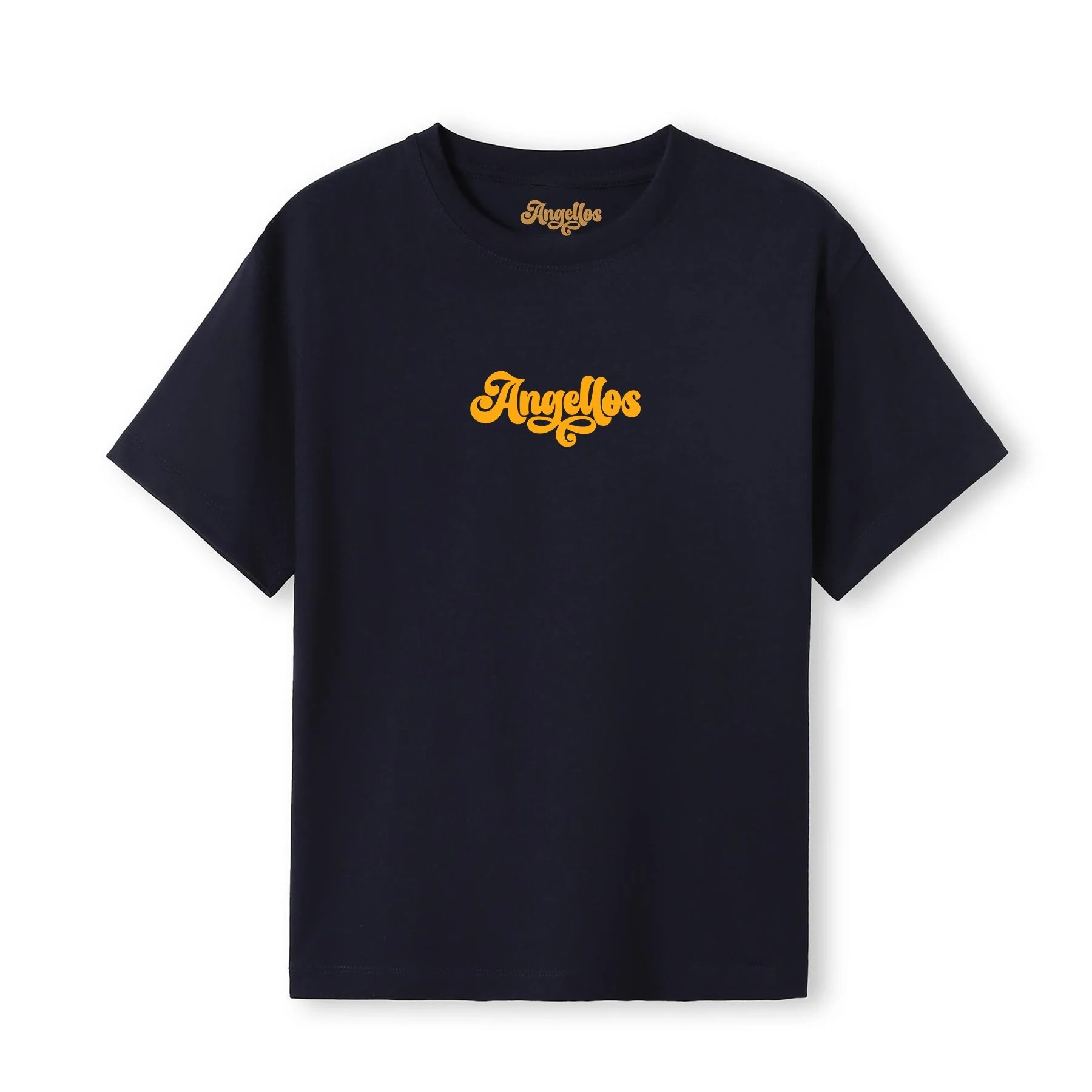 A Christian T-shirt in navy color, with the logo Angellos in yellow
