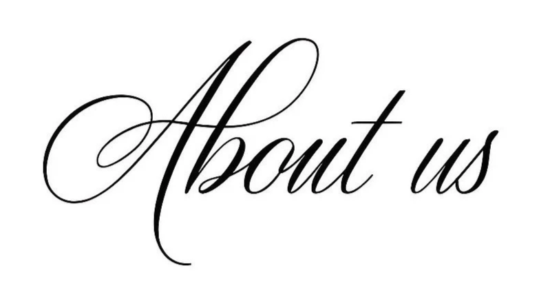 Der Text 'About us' in eleganter, geschwungener Schriftart.
