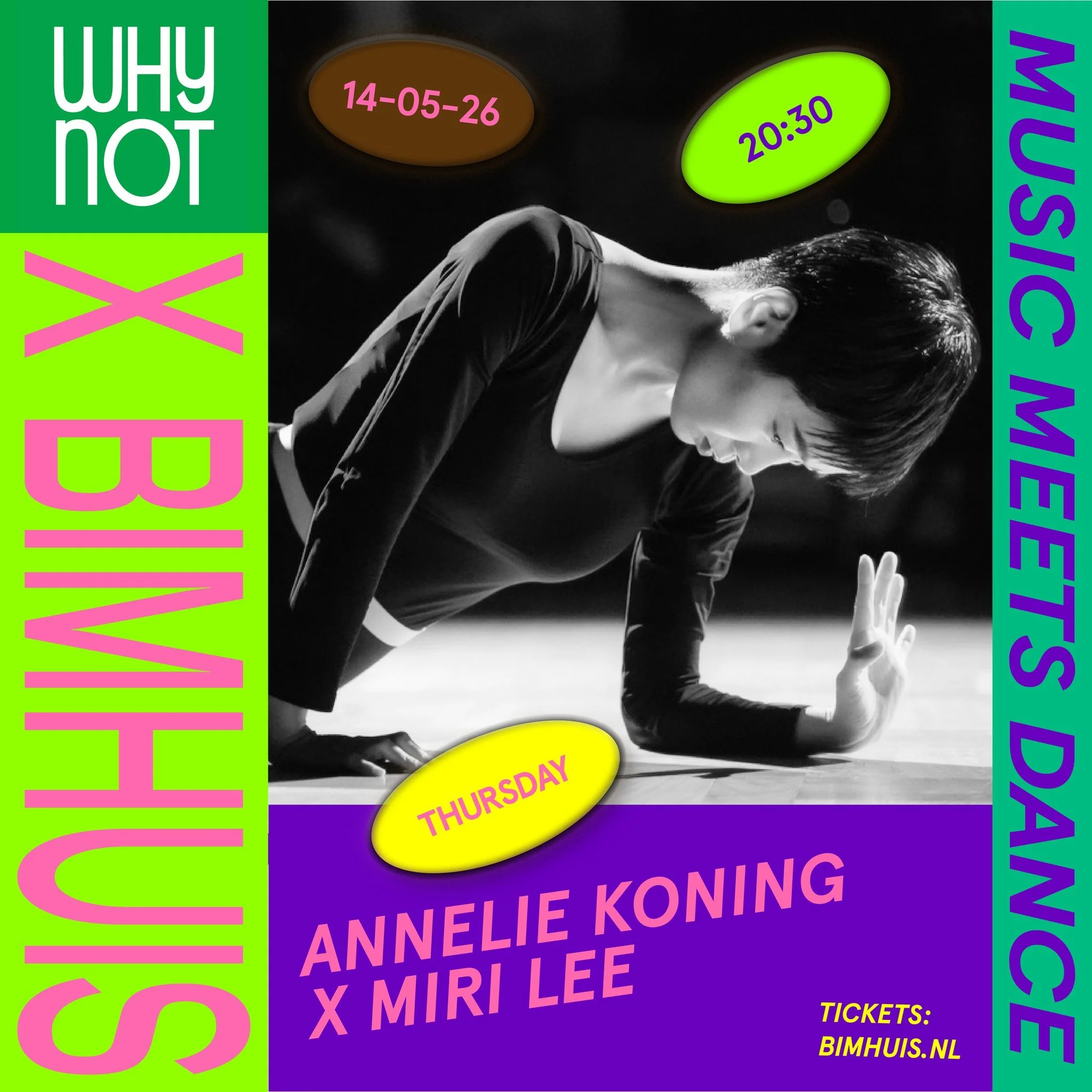 💚WhyNot x @bimhuis,  Coming this 14th of May.

Four performances, each with a dancer and a musician, improvising freely. 

Presenting: @anneliekoning &amp; Miri Lee (@redmoon0121) 
The voice forms the heart of the work of Annelie Koning. The Amsterd