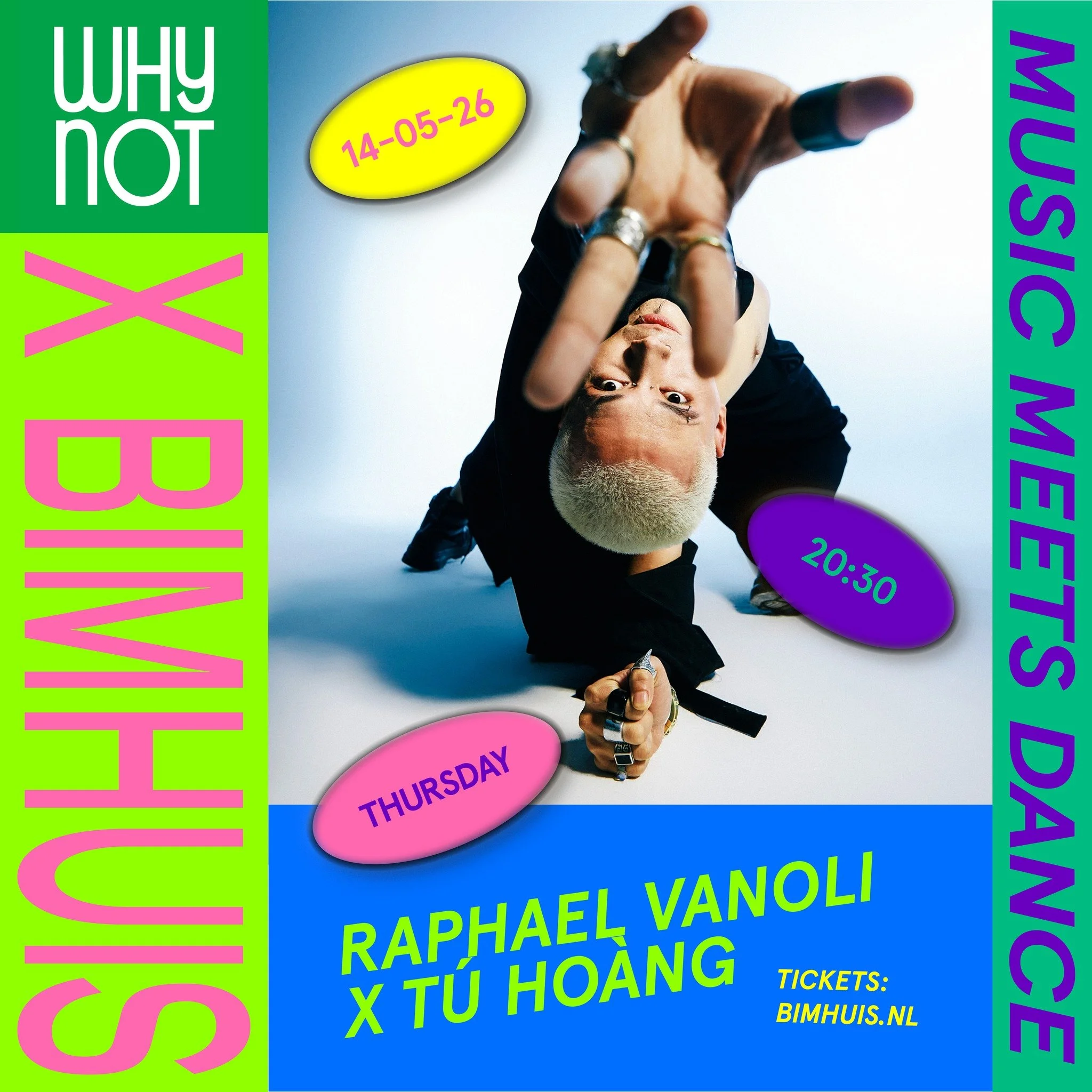 ⚡WhyNot x @bimhuis | 14th of May 
 @raphaelvanoli &amp; @2_hoang_ 

Distorted guitar landscapes meet fluid movement and martial precision.
Two artists entering the unknown together, live on stage. Guitarist Raphael Vanoli has developed his own sonic 