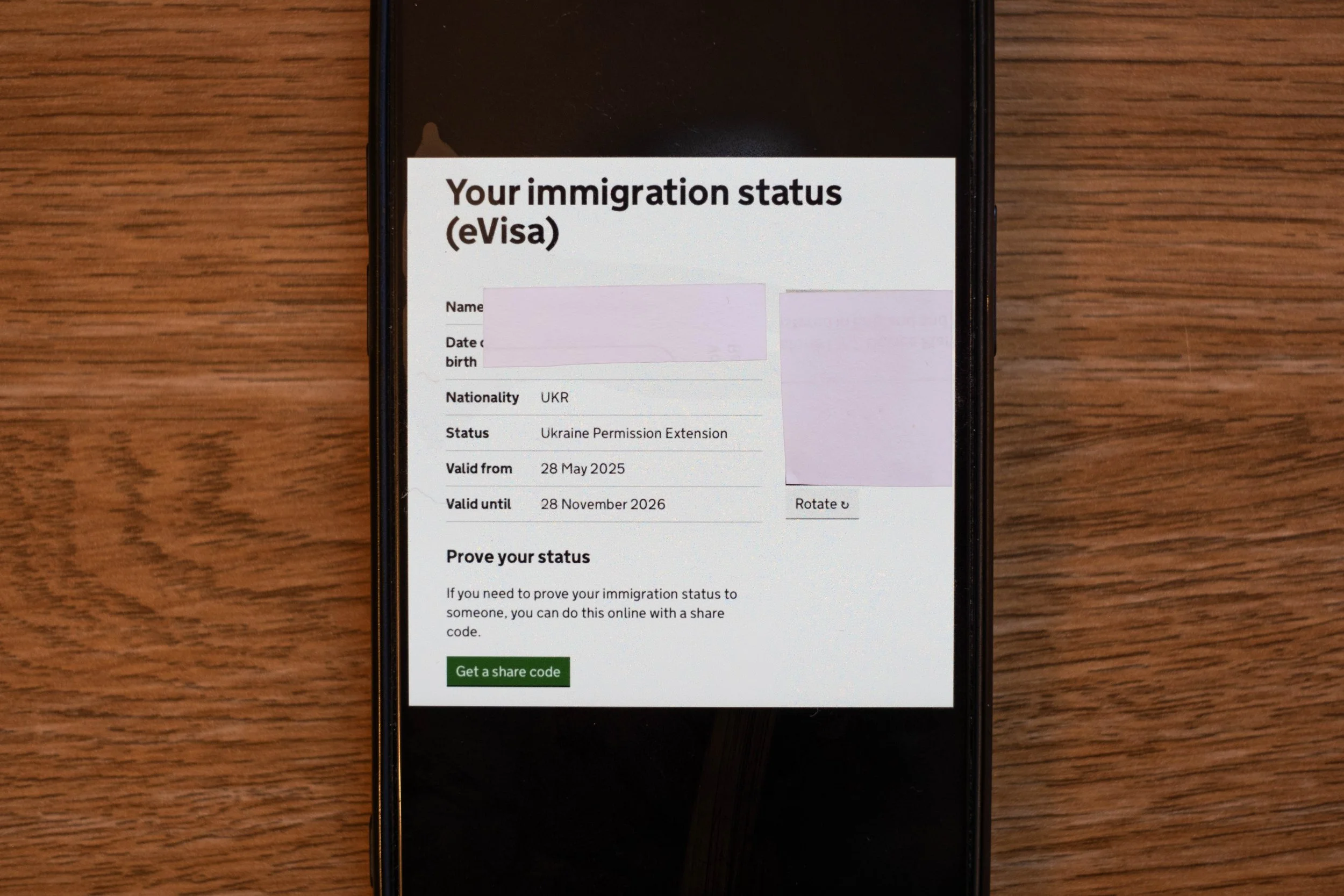 Smartphone displaying a digital visa.