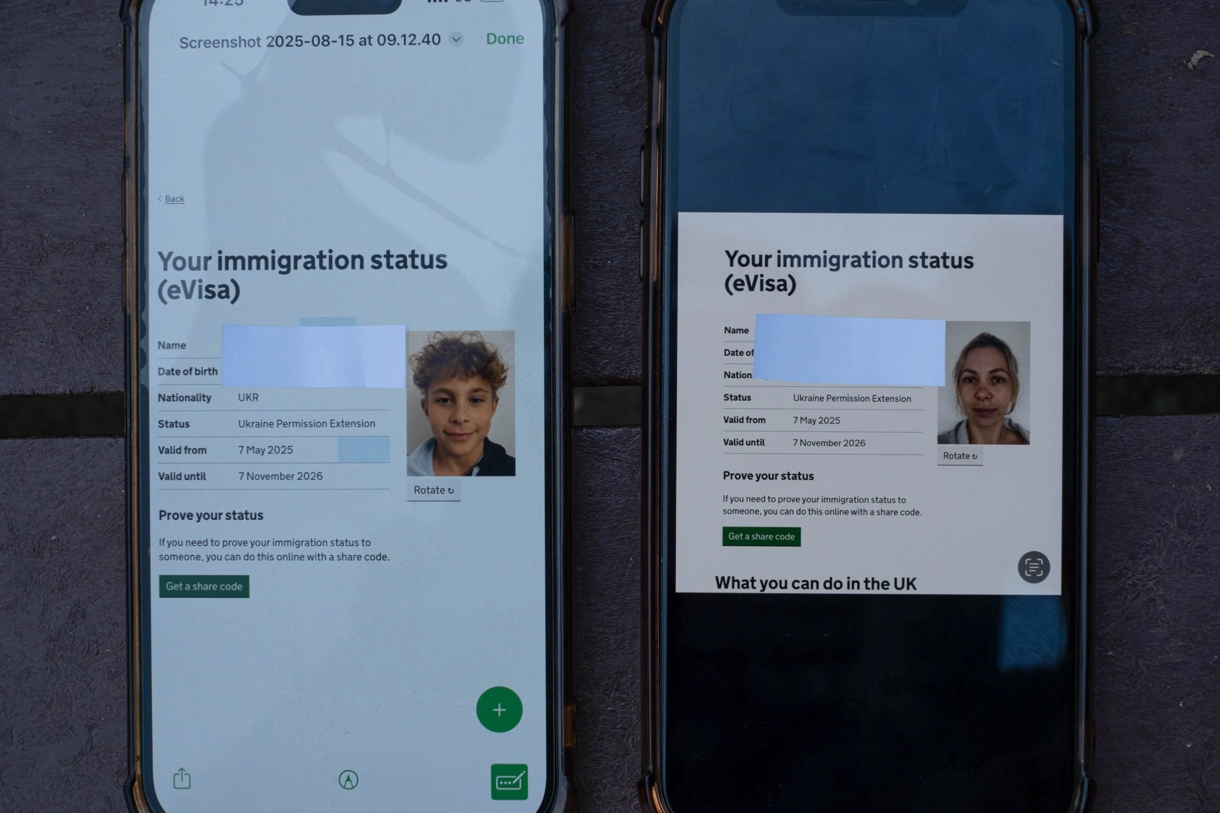 Two smartphones displaying visas.