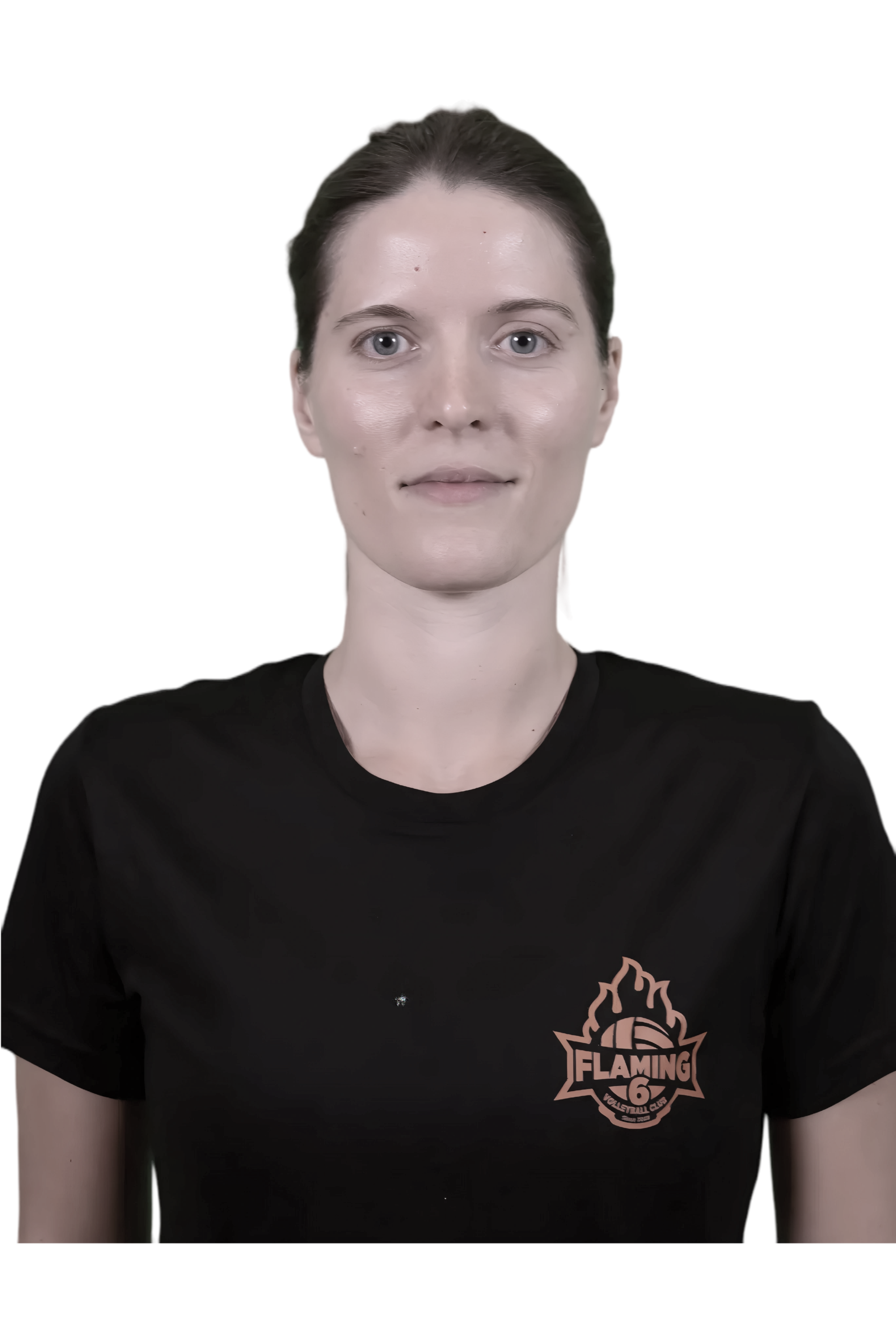 A woman with short dark hair and fair skin, wearing a black t-shirt with a logo on the left chest reading 'Flaming' and a volleyball graphic, standing against a black background.